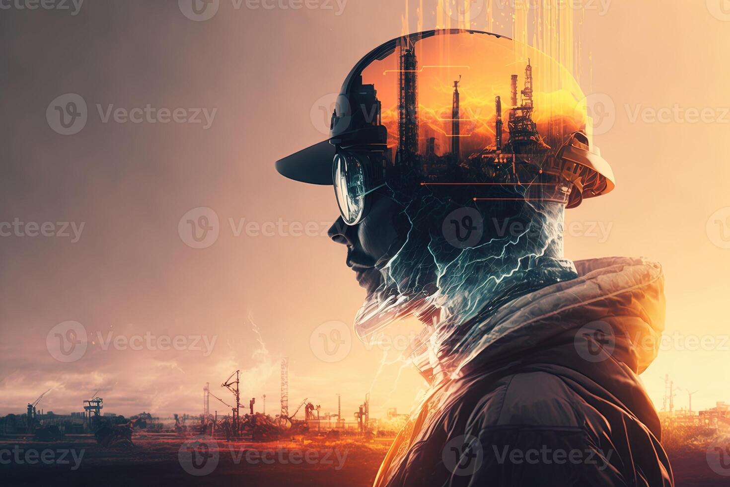 Conceptual graphic design of an energy sector and future manufacturing. With double exposure artwork, an oil, gas, and petrochemical refinery facility demonstrates the future of power. photo