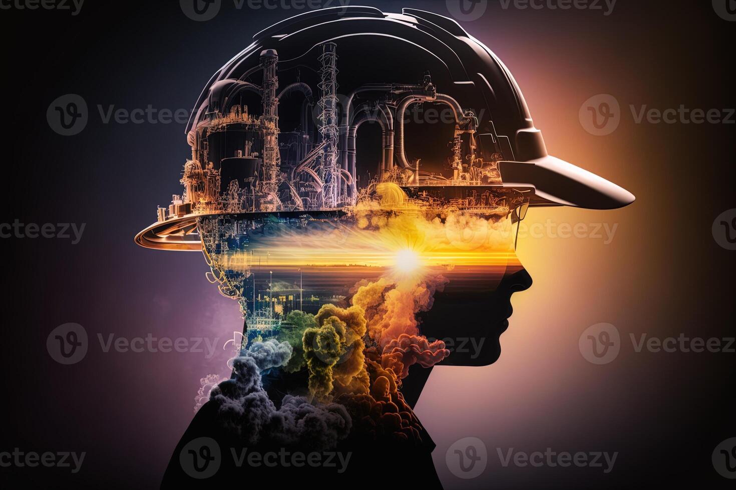 Conceptual graphic design of an energy sector and future manufacturing. With double exposure artwork, an oil, gas, and petrochemical refinery facility demonstrates the future of power. photo