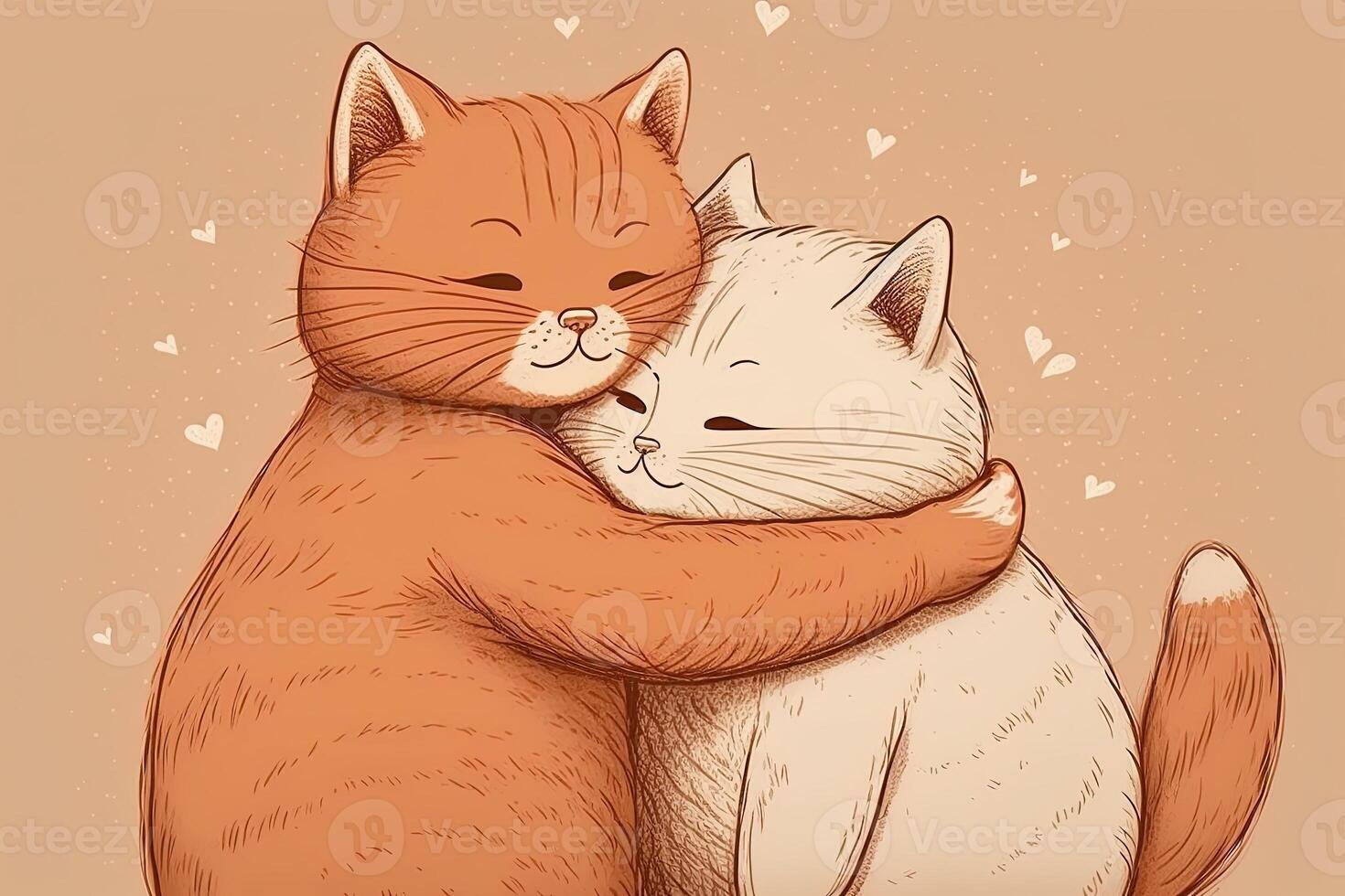 Cat love. Cat couple hugging, cuddling and kissing. Two cute cat ...