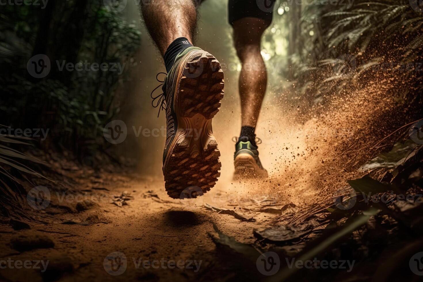 de cerca a el corredor pies es corriendo en el suciedad ruta a el selva, calle y la carretera. sendero corriendo deporte acción y humano desafío concepto. generativo ai foto