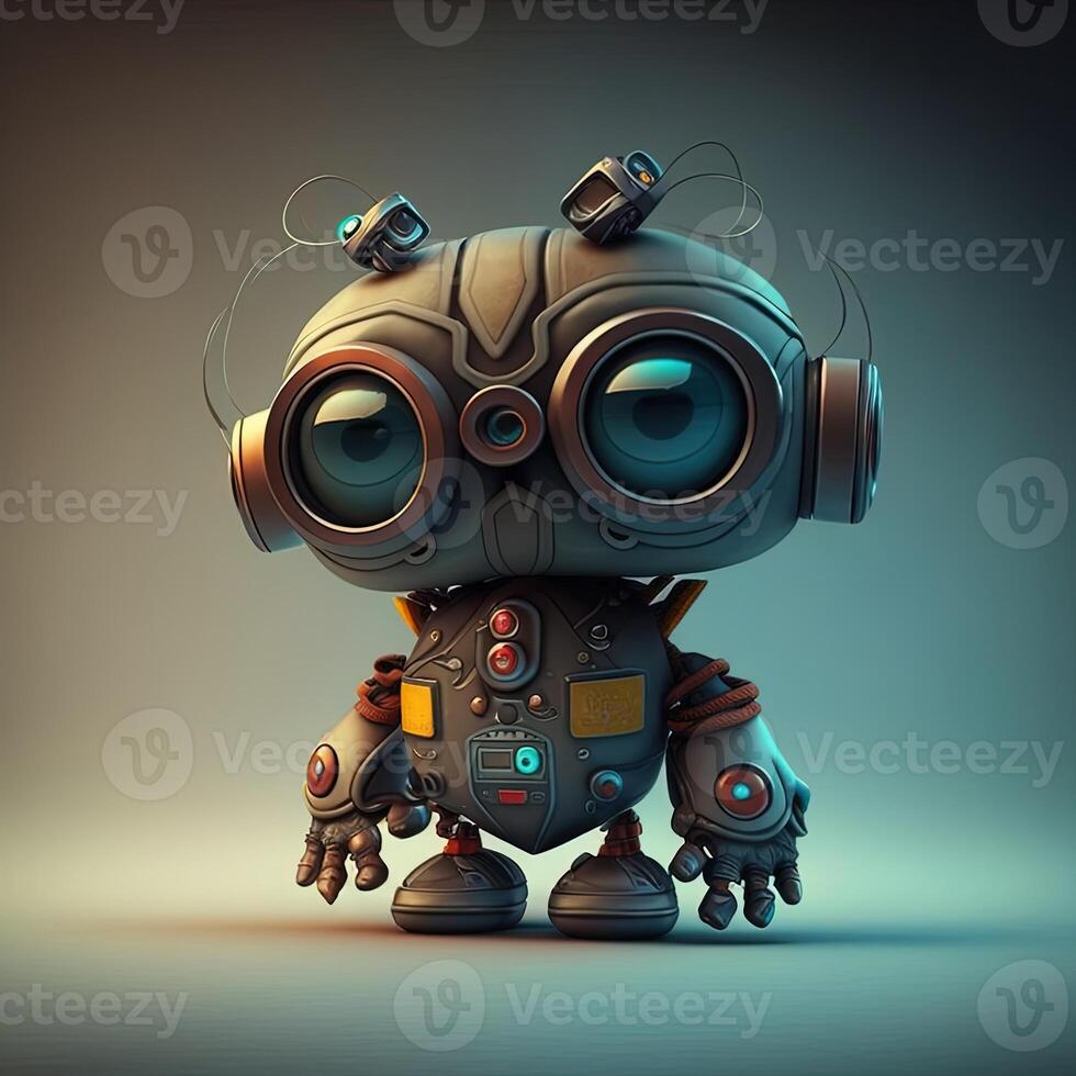 Cute white smiling robotic teen mini unit robot toy gesturing. Cute robot on a white backdrop with a pointing hand and a winking eye. technological idea. photo