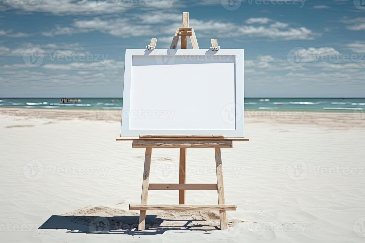 White blank artist frame on a small wooden easel on summer sea beach background with copy space. Advertising mockup artboard for pictures or artwork. Painting frame template banner. photo