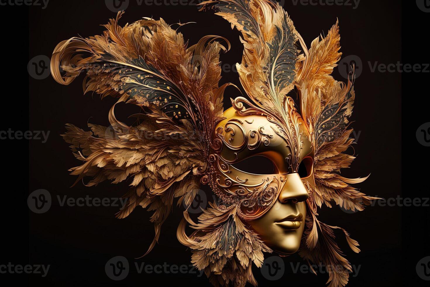 Venetian carnival mask. Gold color, colored feathers. Happy carnival festival, attributes of the Brazilian carnival. Venetian carnival mask and beads decoration. Mardi gras background. photo