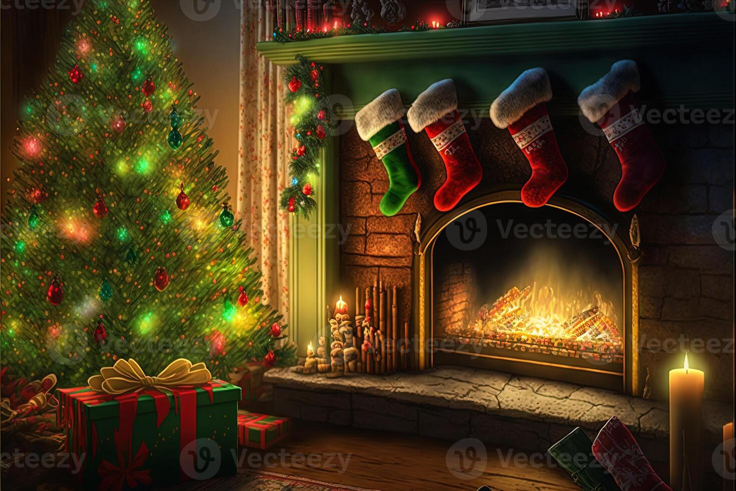 Beautiful holiday decorated room with Christmas tree, fireplace and with  presents. Cozy winter scene. Warm color decor interior. Fireplace with  christmas stockings, Generative AI 23342832 Stock Photo at Vecteezy