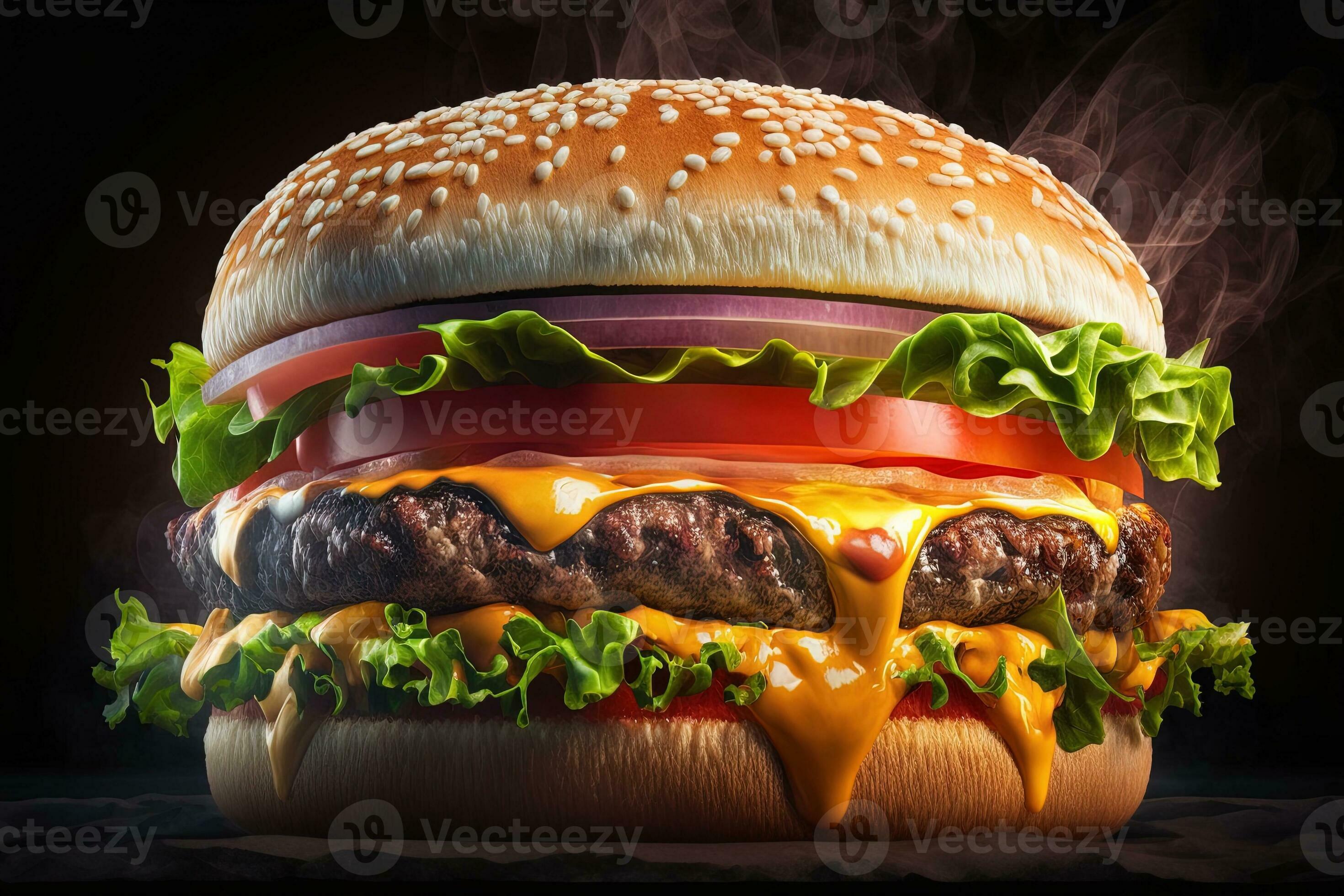 Closeup of a juicy burger with fries, it look very delicious. Big sandwich hamburger with