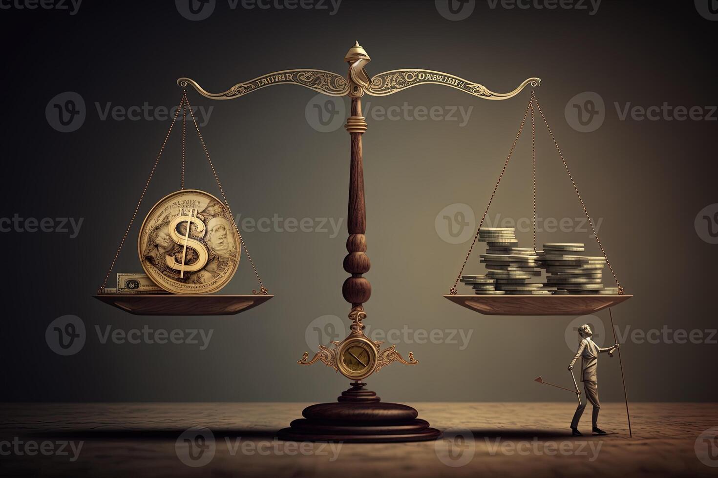 Scales with time and people on one side and money on the other, concept of ideas and innovation, time travel. Digital illustration. photo
