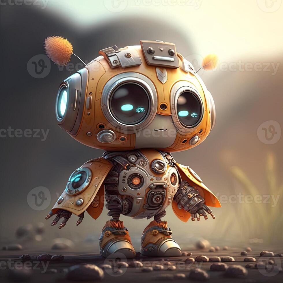 Cute white smiling robotic teen mini unit robot toy gesturing. Cute robot on a white backdrop with a pointing hand and a winking eye. technological idea. photo
