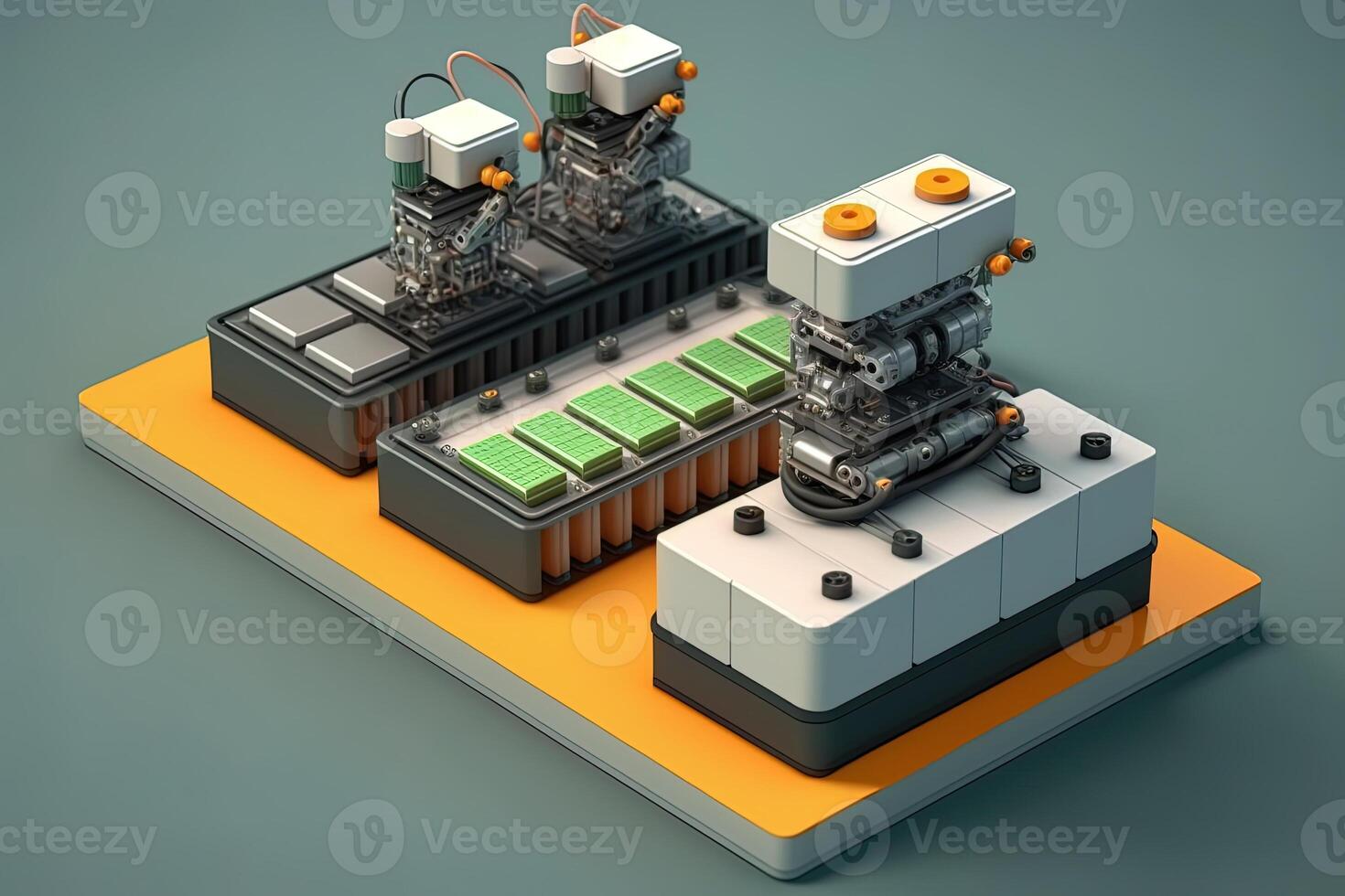 Interior of industry factory, Robot assembly line with electric car battery cells module on platform. photo