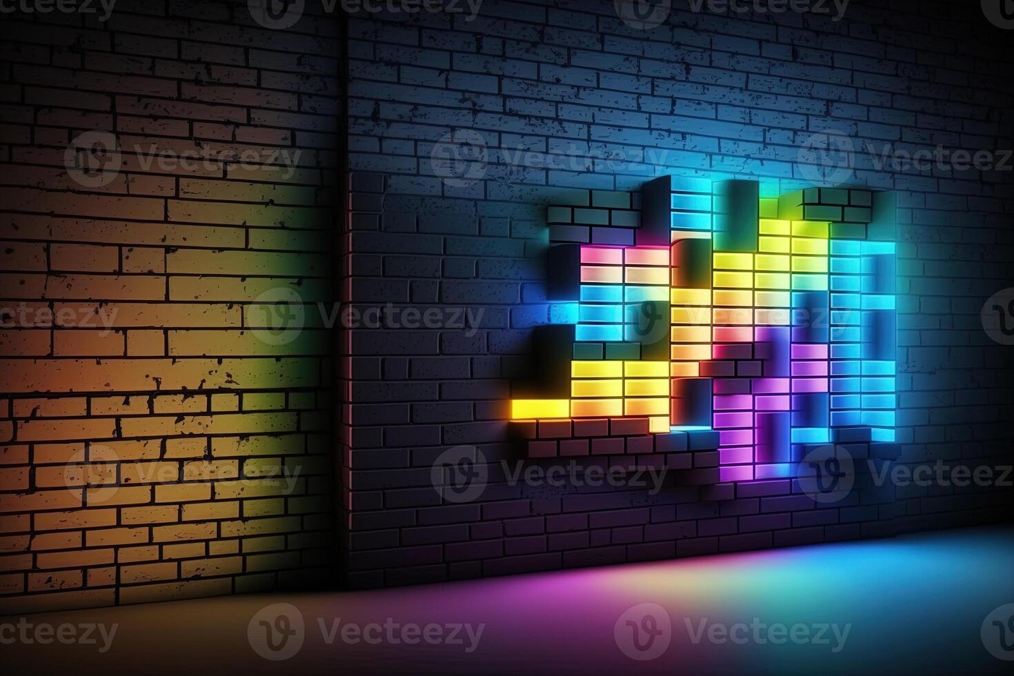 Modern futuristic blank brick wall background with neon lights. old grunge brick wall room background. Colorful copy space concept. photo