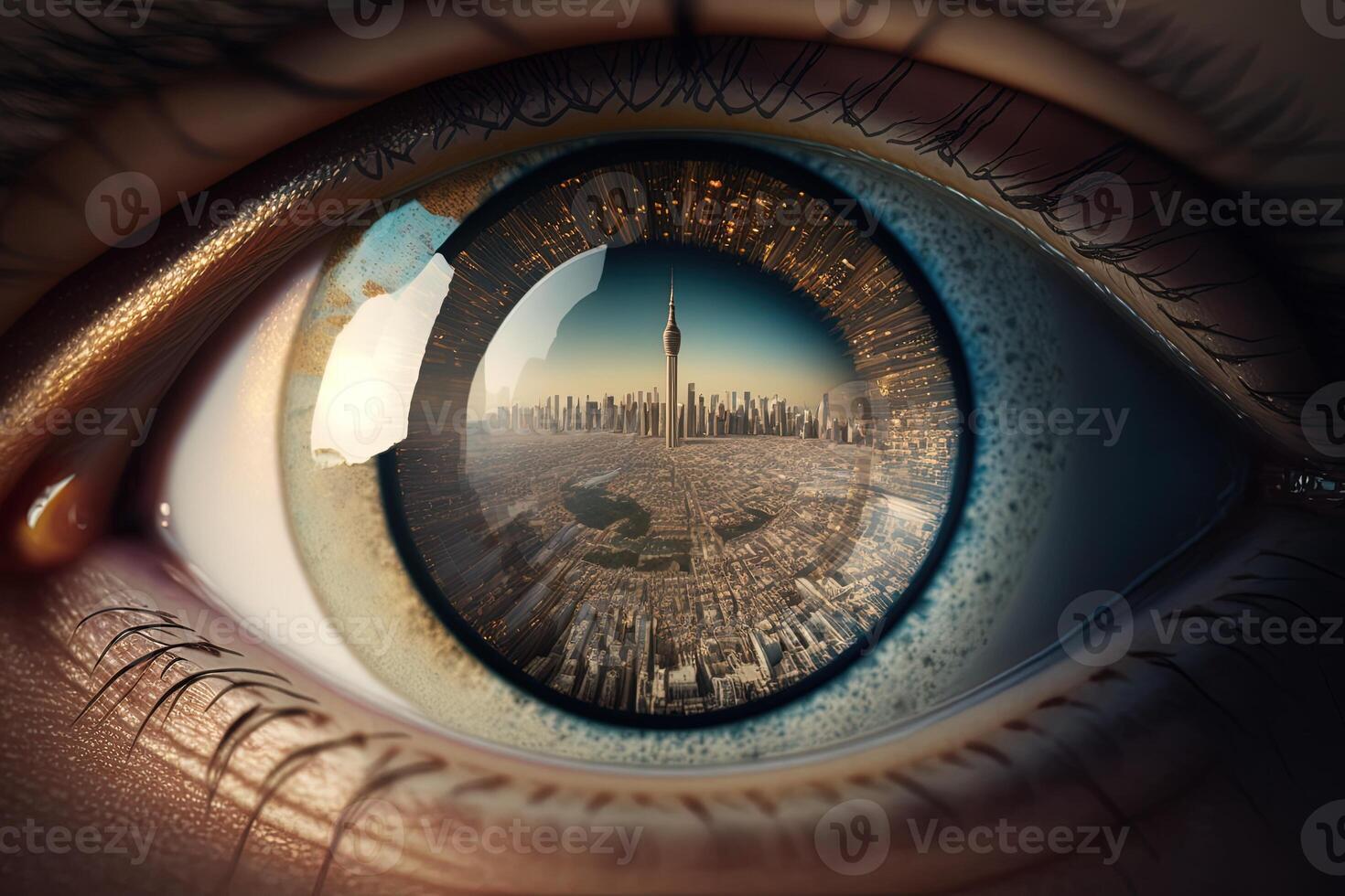A photograph of a city from above inside the pupil of an eye realistic. Close-up Eye with a modern futuristic city inside it. Look for future. keep moving forward concept. photo