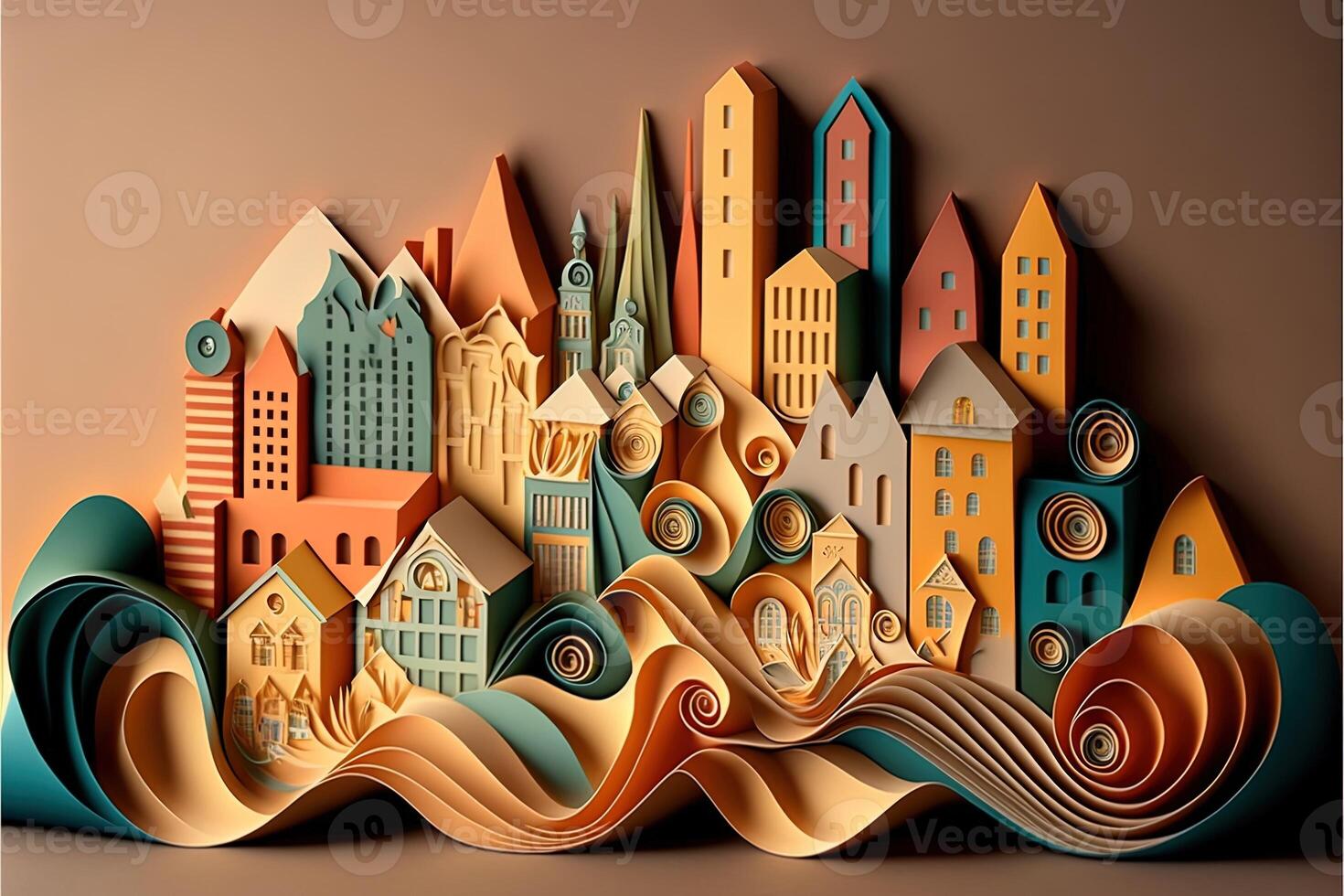 paper quilling style urban design. Multidimensional paper quilling craft illustration a small city. photo