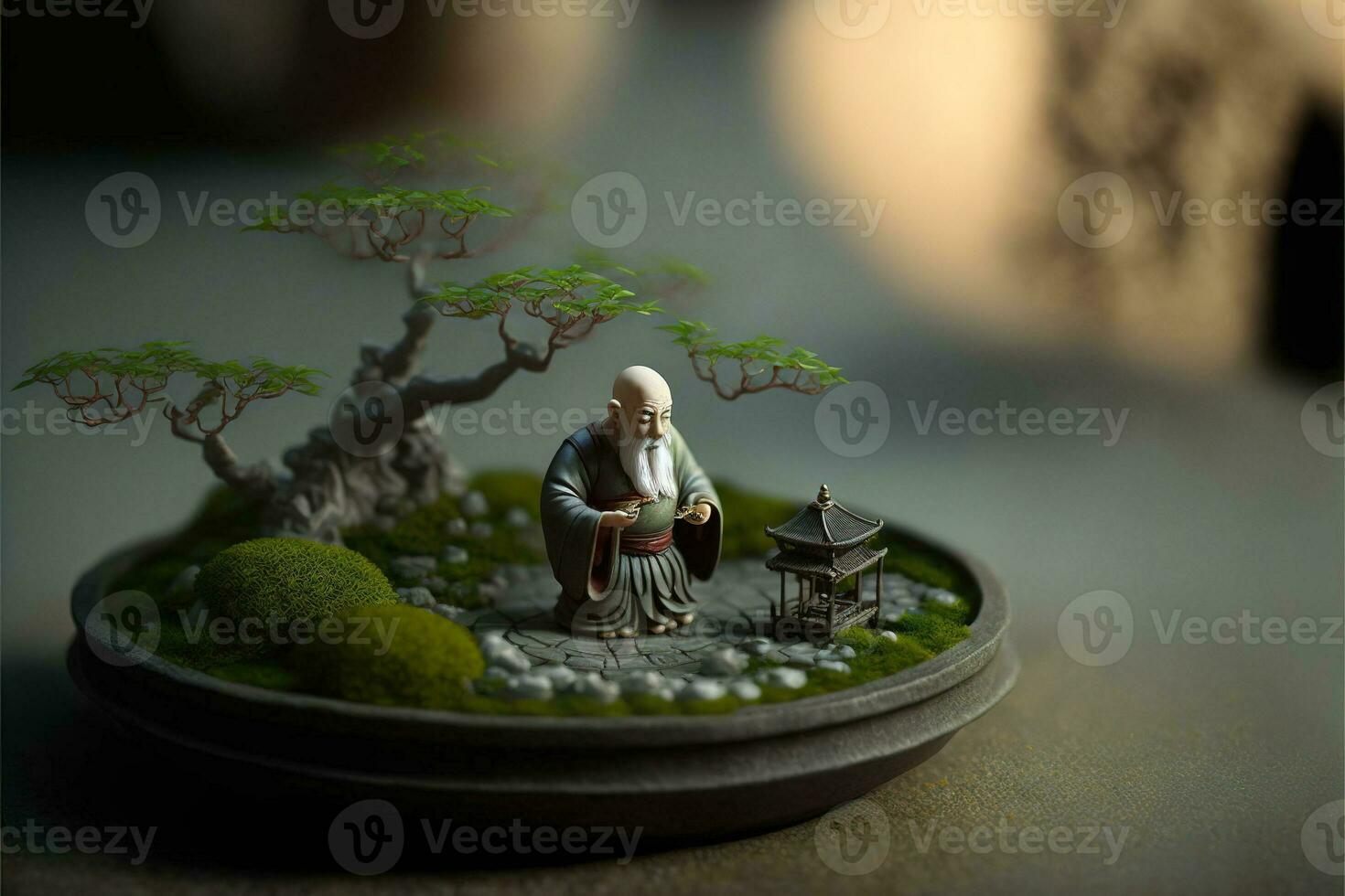 Miniature desk zen sandbox with Monk figure sit in Lotus position, stacked zen sea stones, brown elephant figurines, spa candles burning against dark studio background, copy space. photo