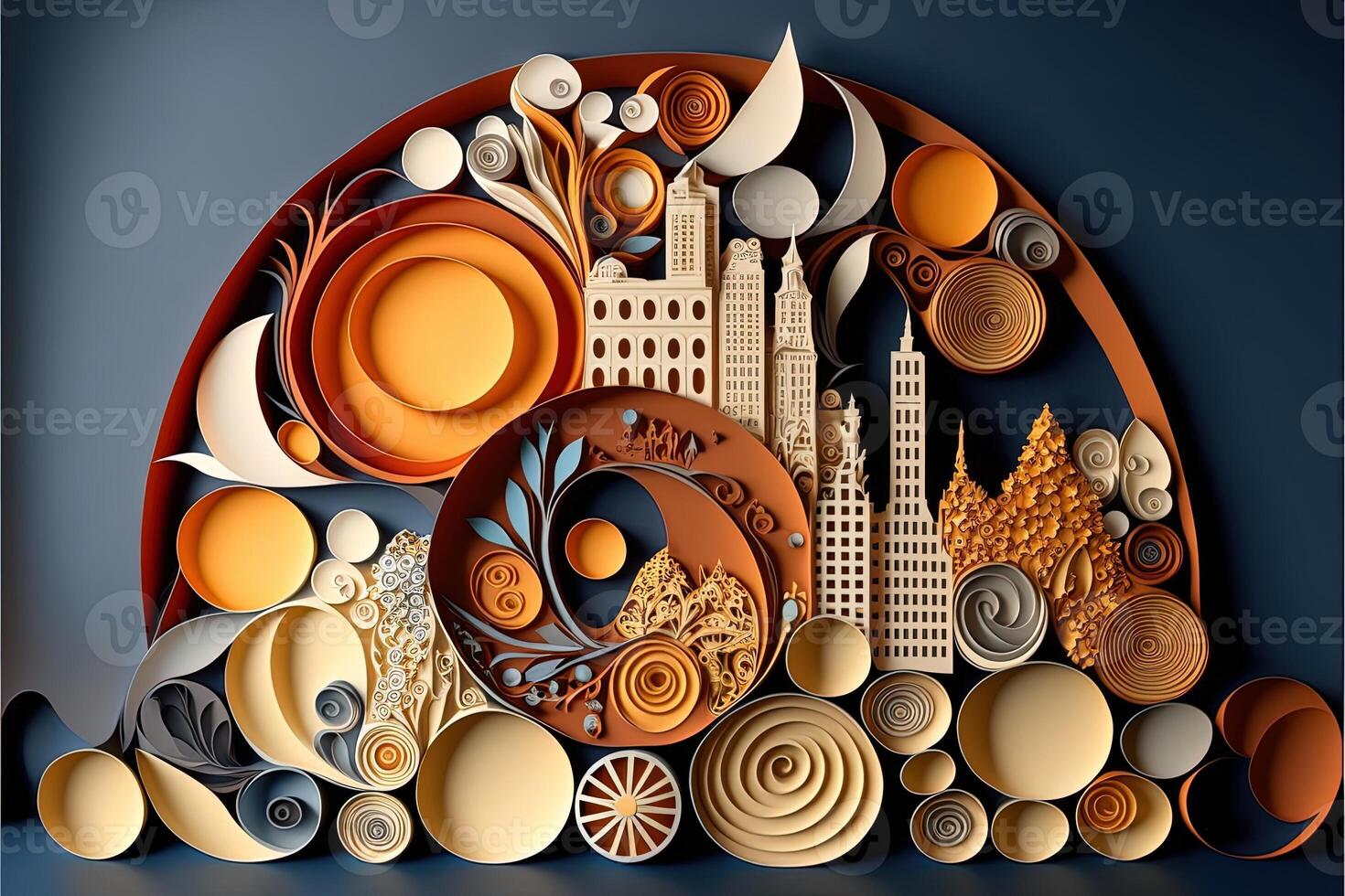 paper quilling style urban design. Multidimensional paper quilling craft illustration a small city. photo