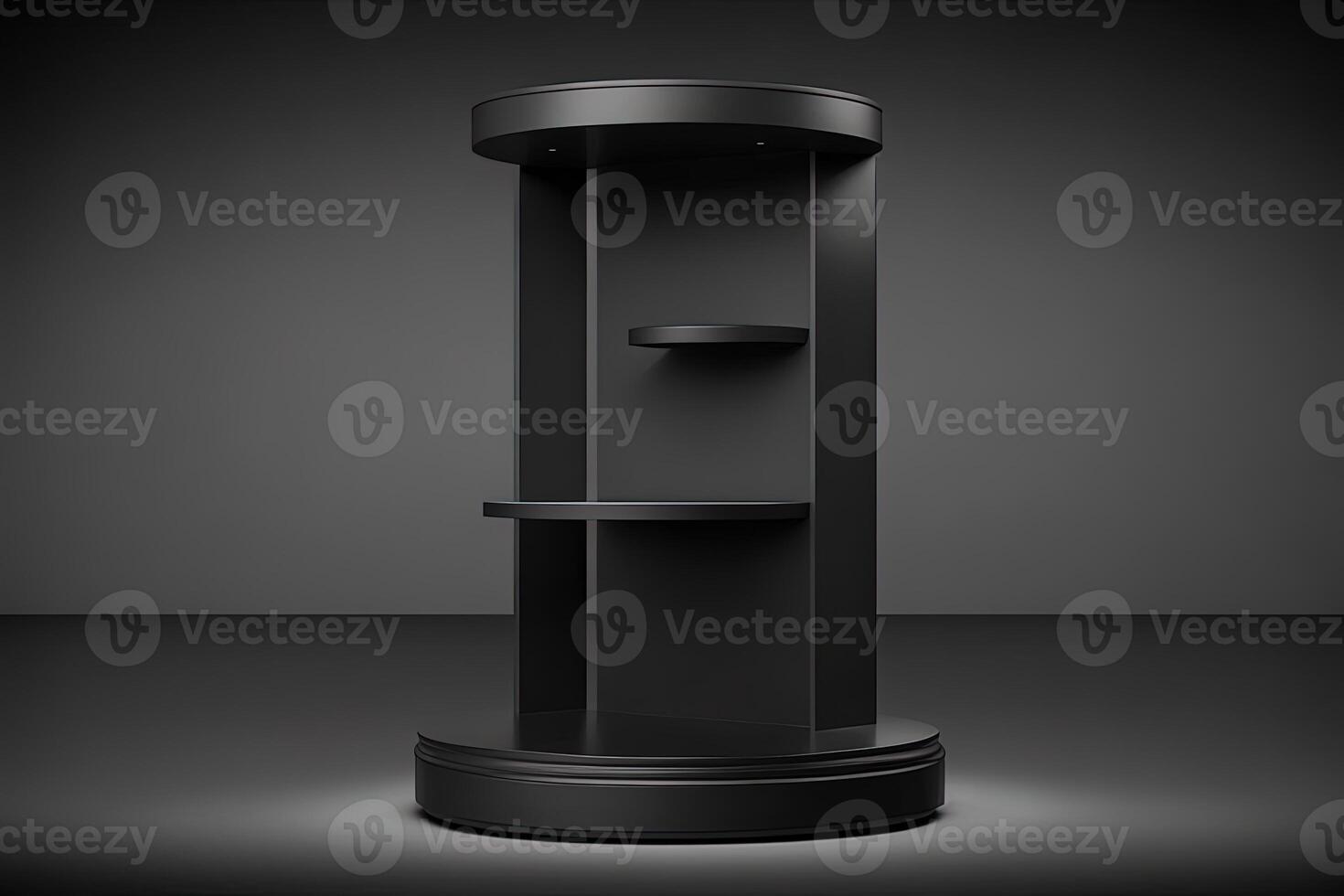 black background and product podium stand studio. Elegant black cube stand for product placement mockup. Minimal box platform showroom with spot light. photo