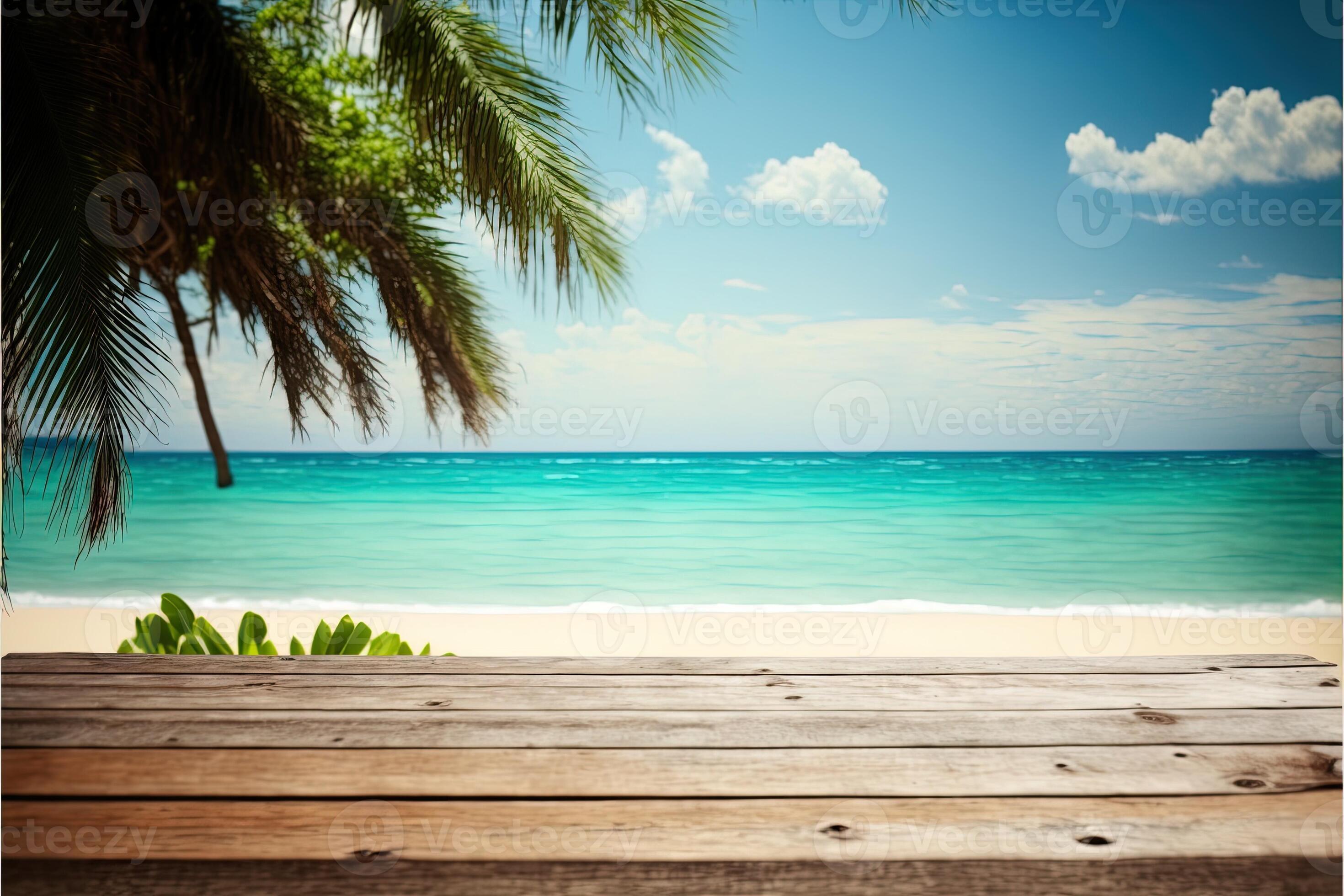 Tropical beach background with a wooden table on the forefront and lush