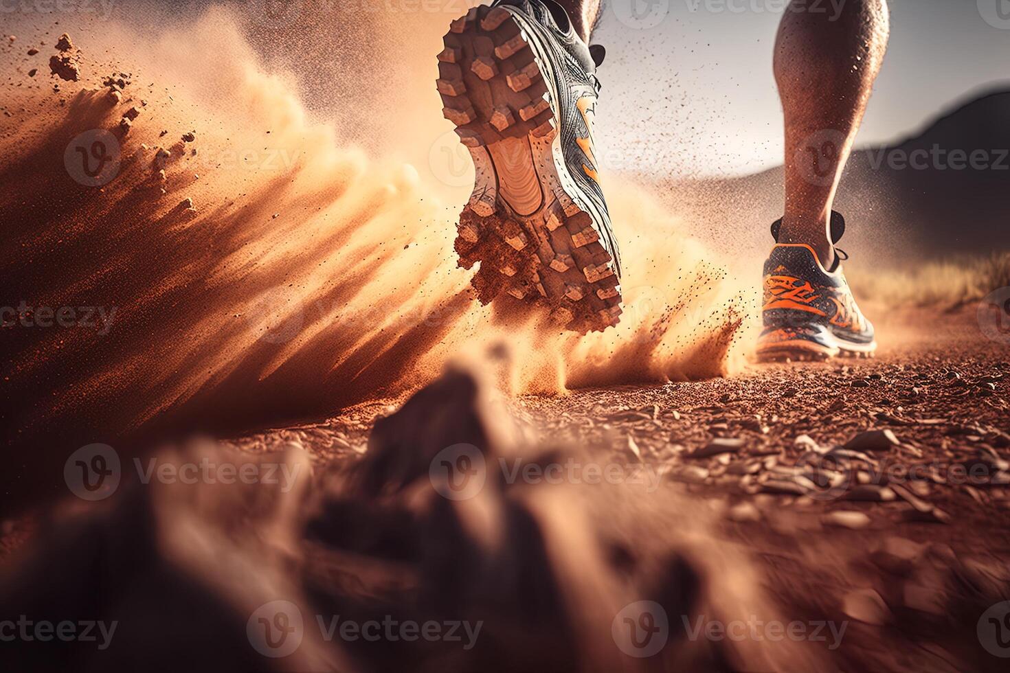 Close-up at the runner feet is running on the dirt route at the jungle, street and road. Trail running sport action and human challenge concept. photo