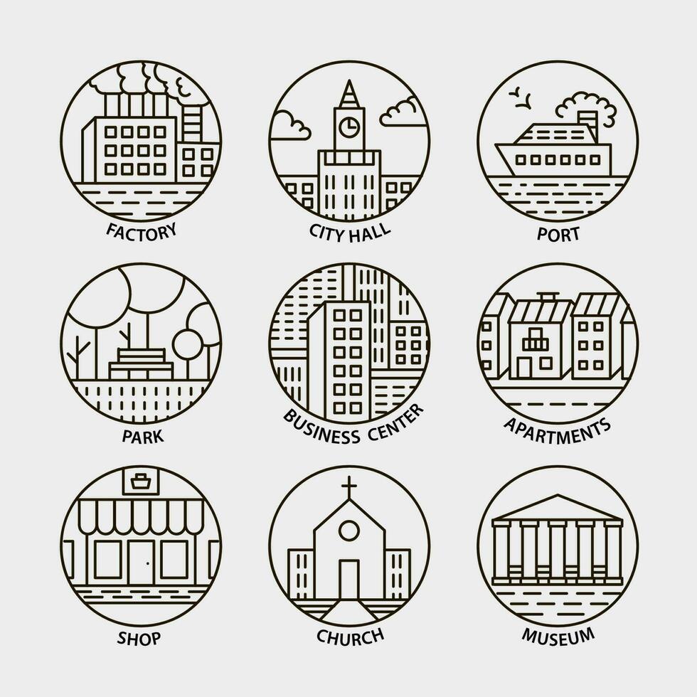 Urban landscape design elements set in linear style, include line buildings, trees, port, park, houses, church, shop, business center, city hall factory vector illustration