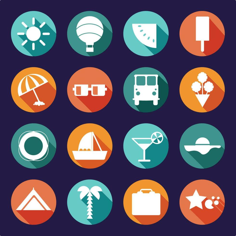 vector set of summer, traveling icons with shadows. Flat modern style, can use it for web, phone. Traveling on air balloon, planning a summer vacation, tourism and journey objects, passenger luggage.