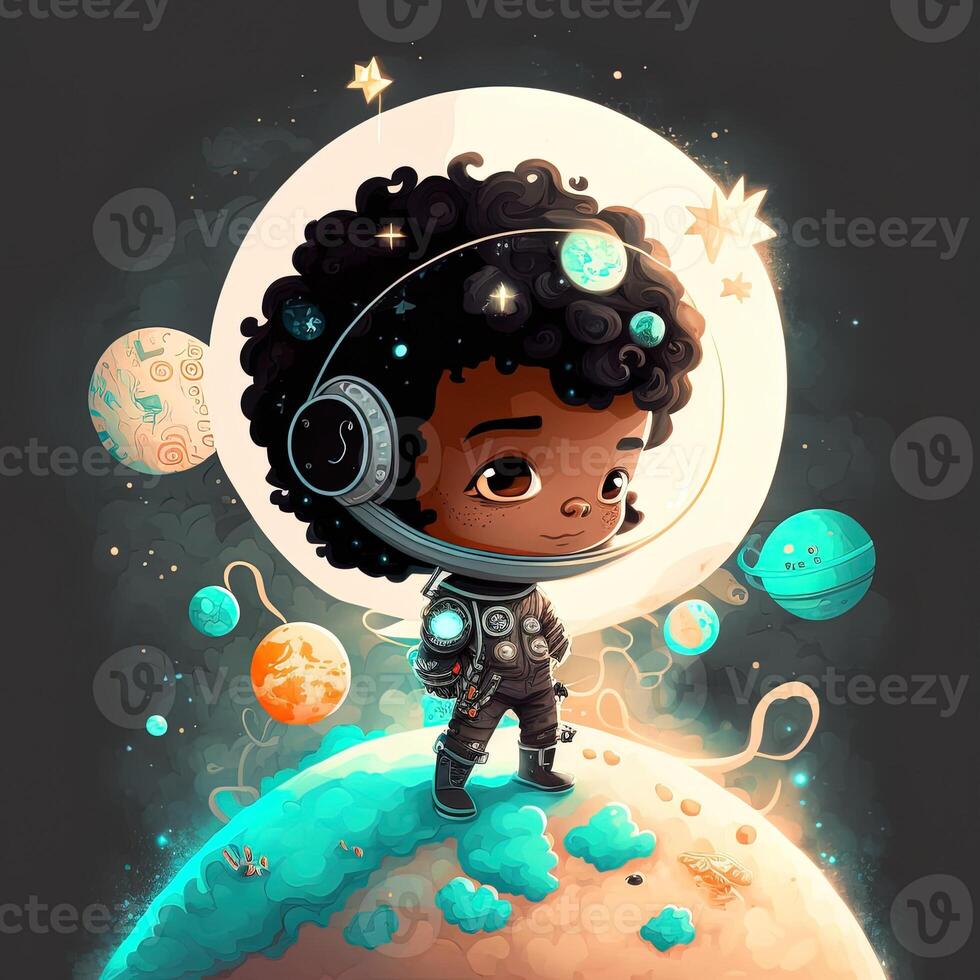 Adorable black boy astronaut, in outer space, standing on a planet, bright colorful asteroids and galaxies, moonlight shining down, chibi style. Emblem for space travel, technology, cute photo