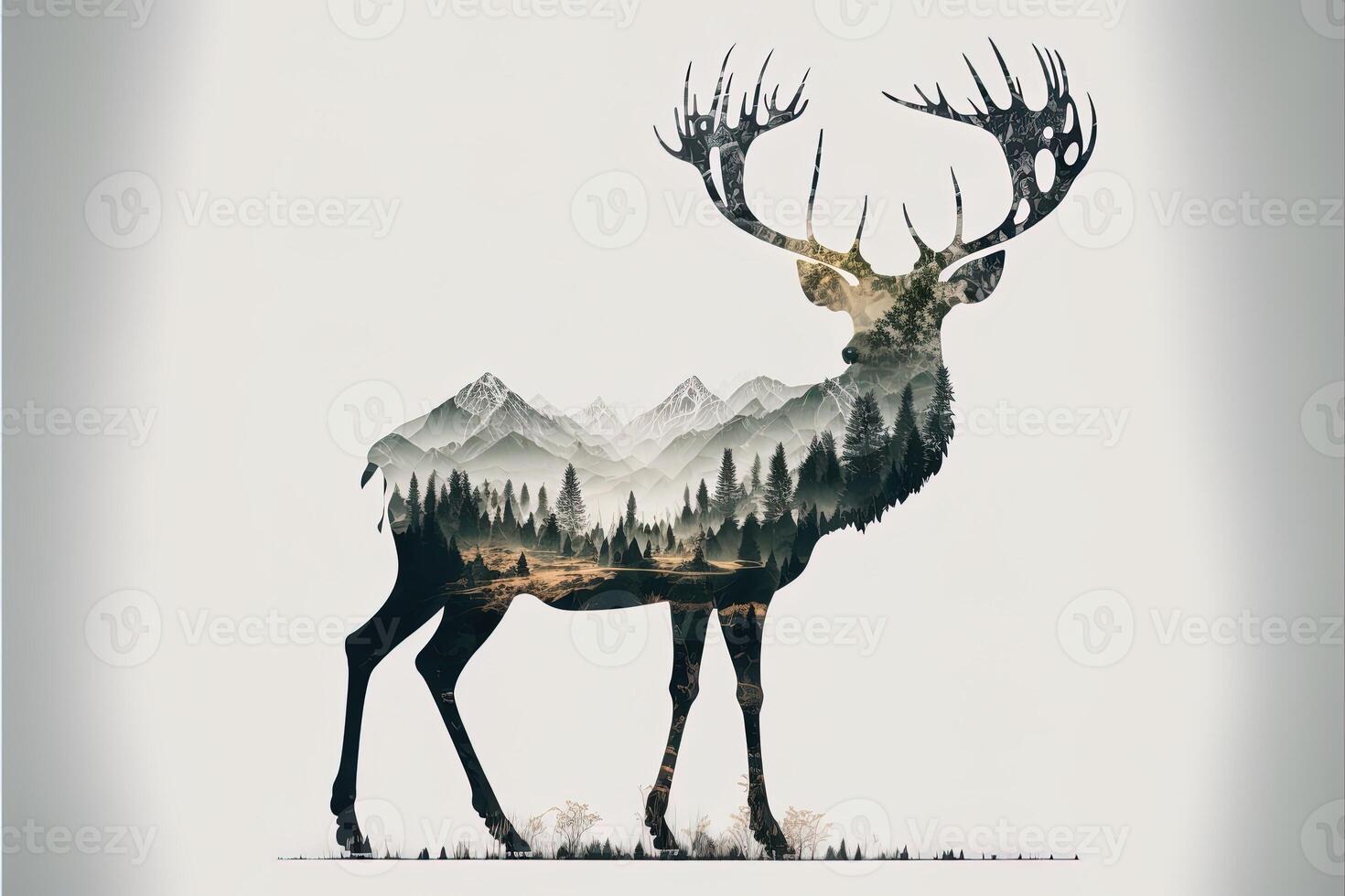 Double exposure of a deer and jungle on white background. Camping concept. Vintage Grizzly for t-shirt design, sticker, poster, and wallpaper. Adventure deer illustration photo