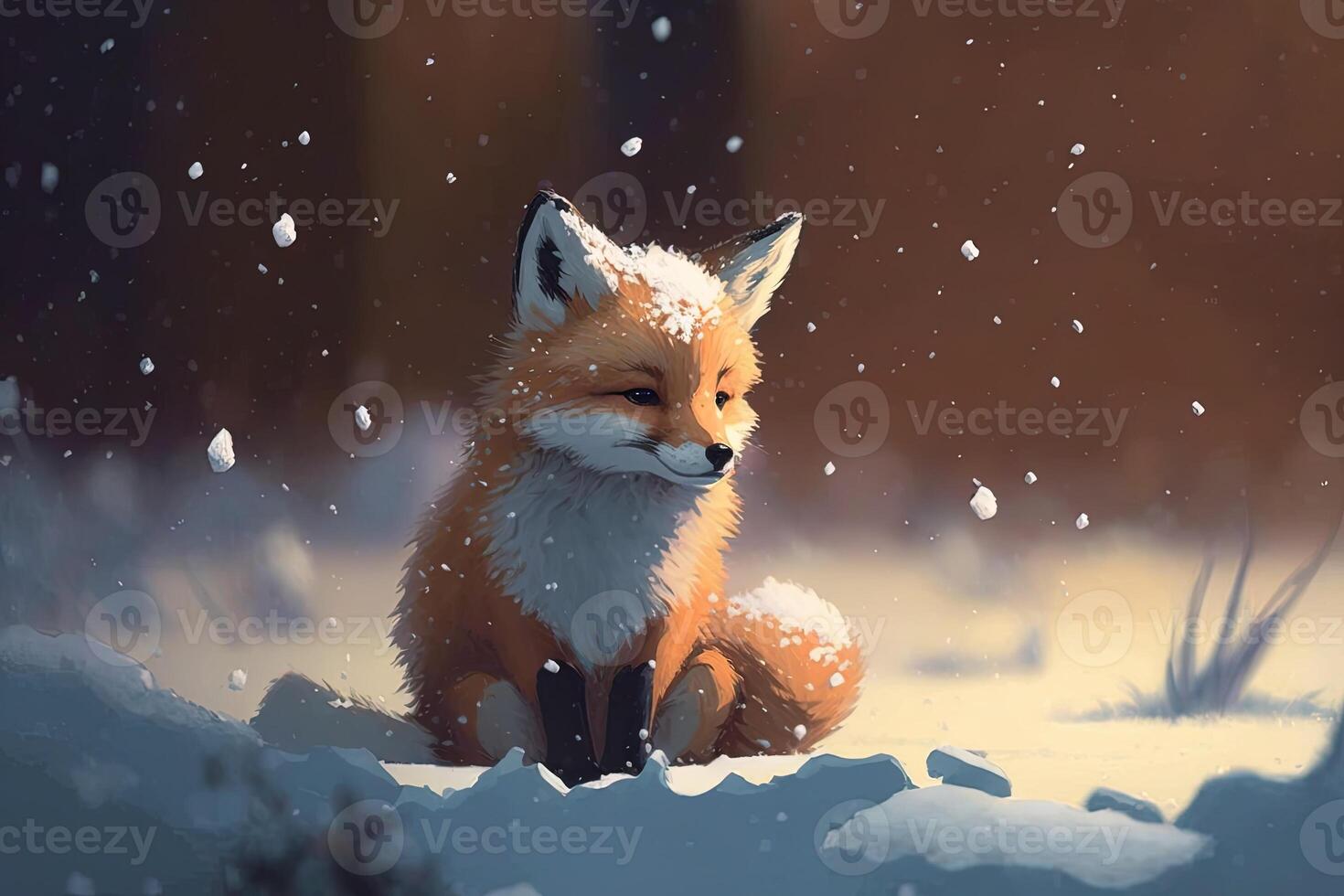 Cute red fox baby cartoon dreamlike in snow, winter, . Animal and landscape concept. photo