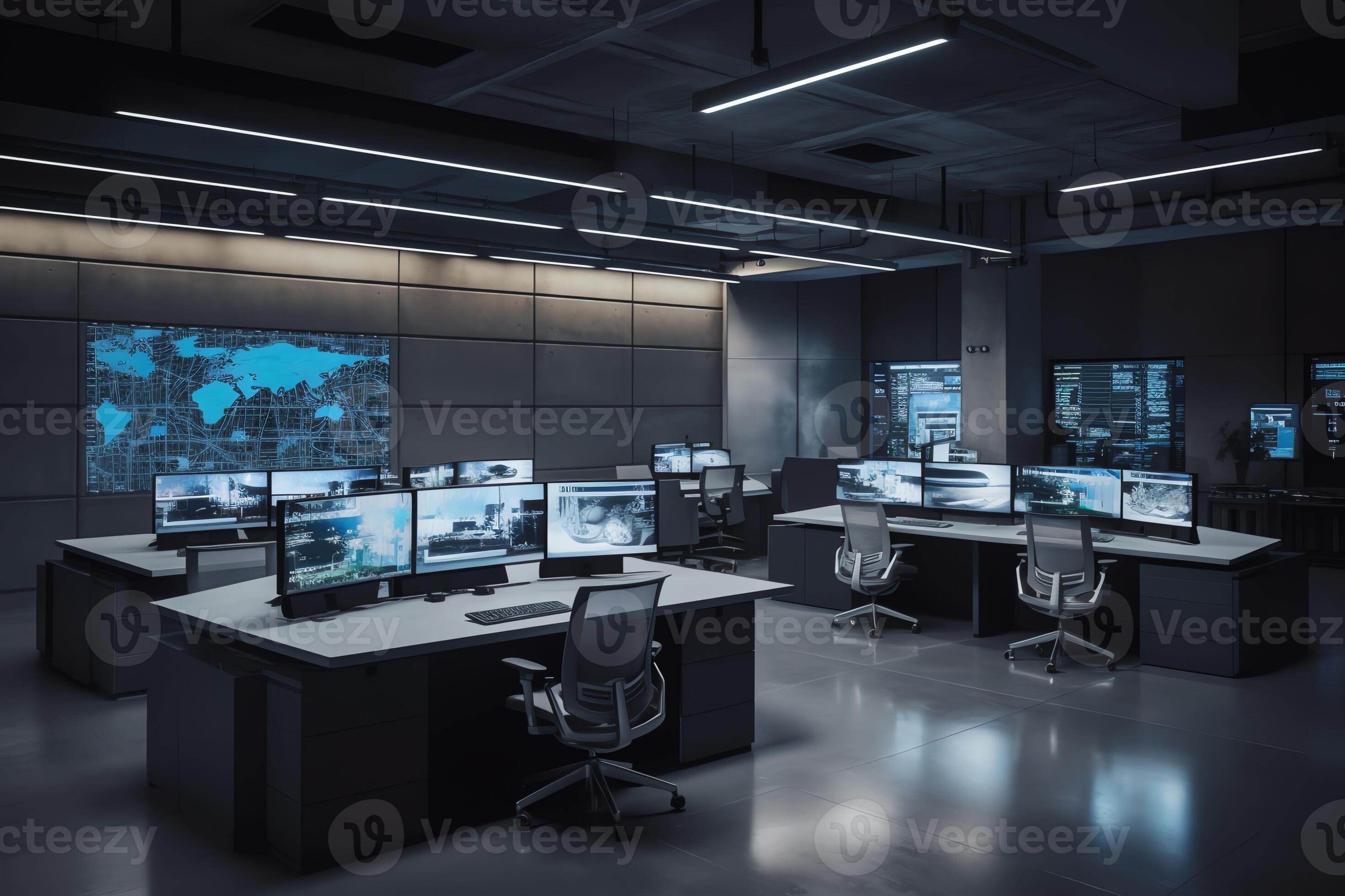 Empty interior of big modern security system control room workstation