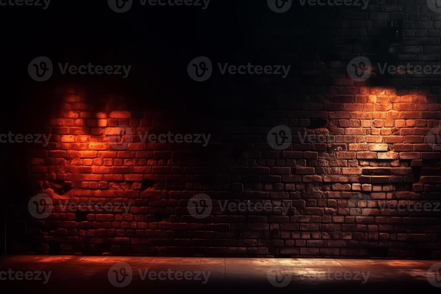 Old brick wall with neon lights dark empty old night street smoke smog textured brick walls 3d illustration. photo