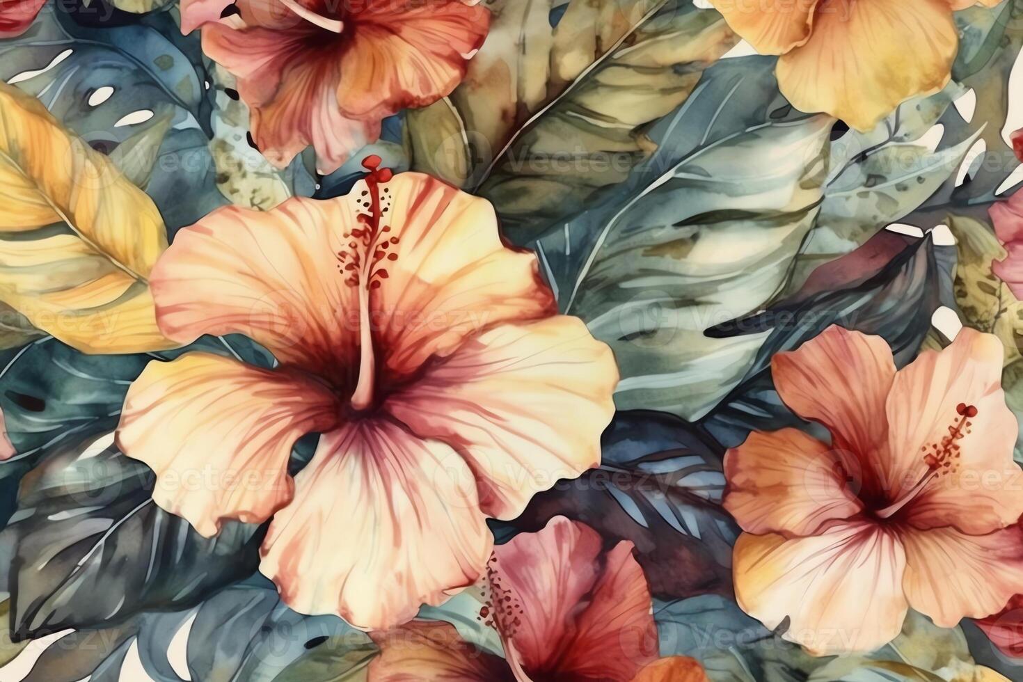 Watercolor tropical hibiscus flowers in a seamless pattern can be used as fabric wallpaper wrap. photo