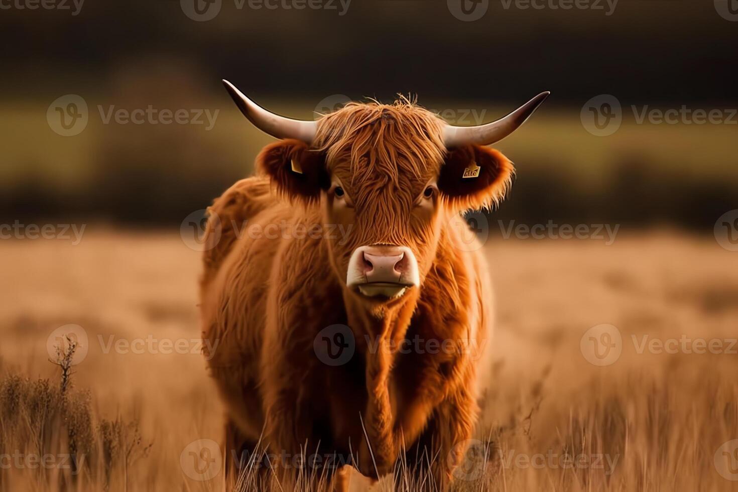 Fluffy cow in beautiful plain field. photo