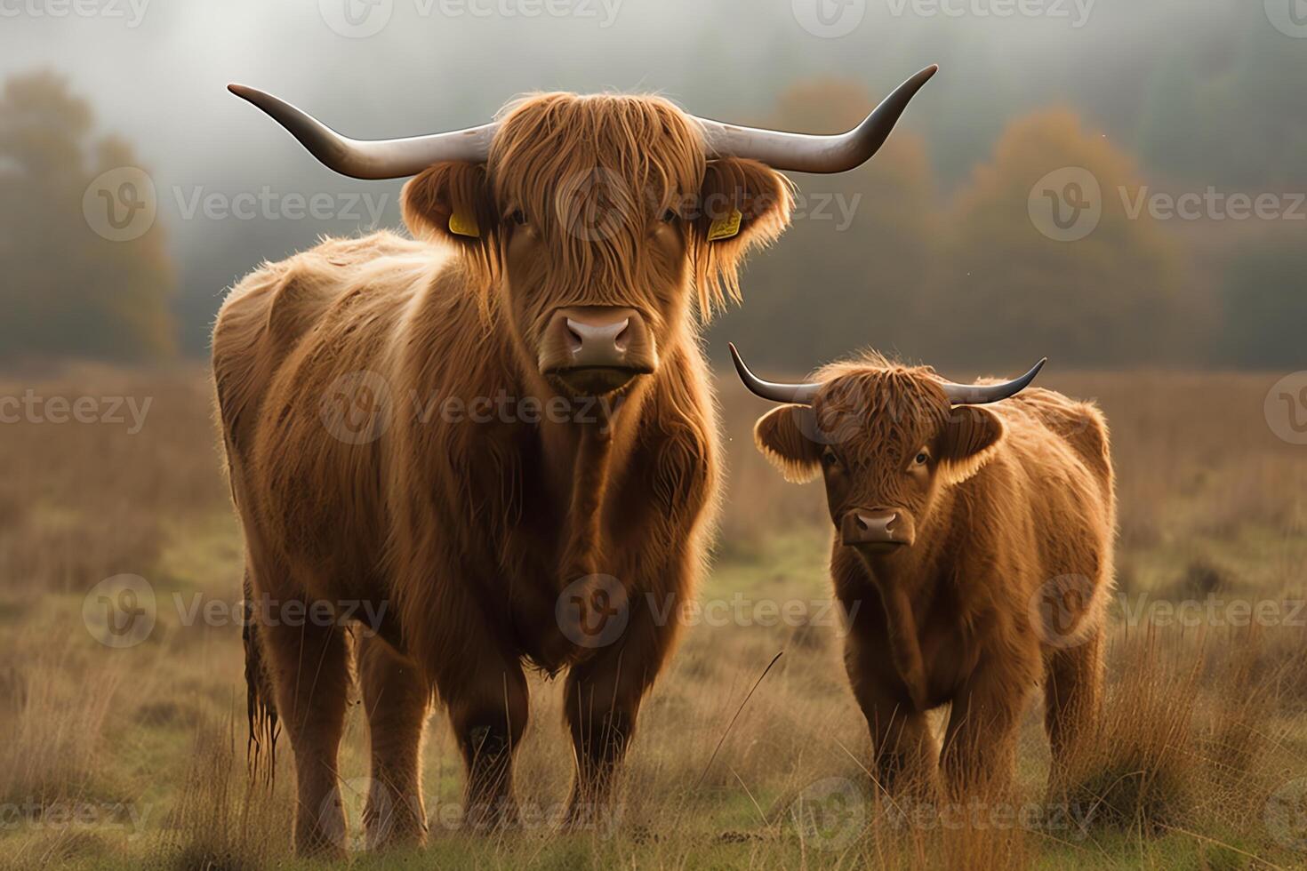 Highland cow and calf in field. photo