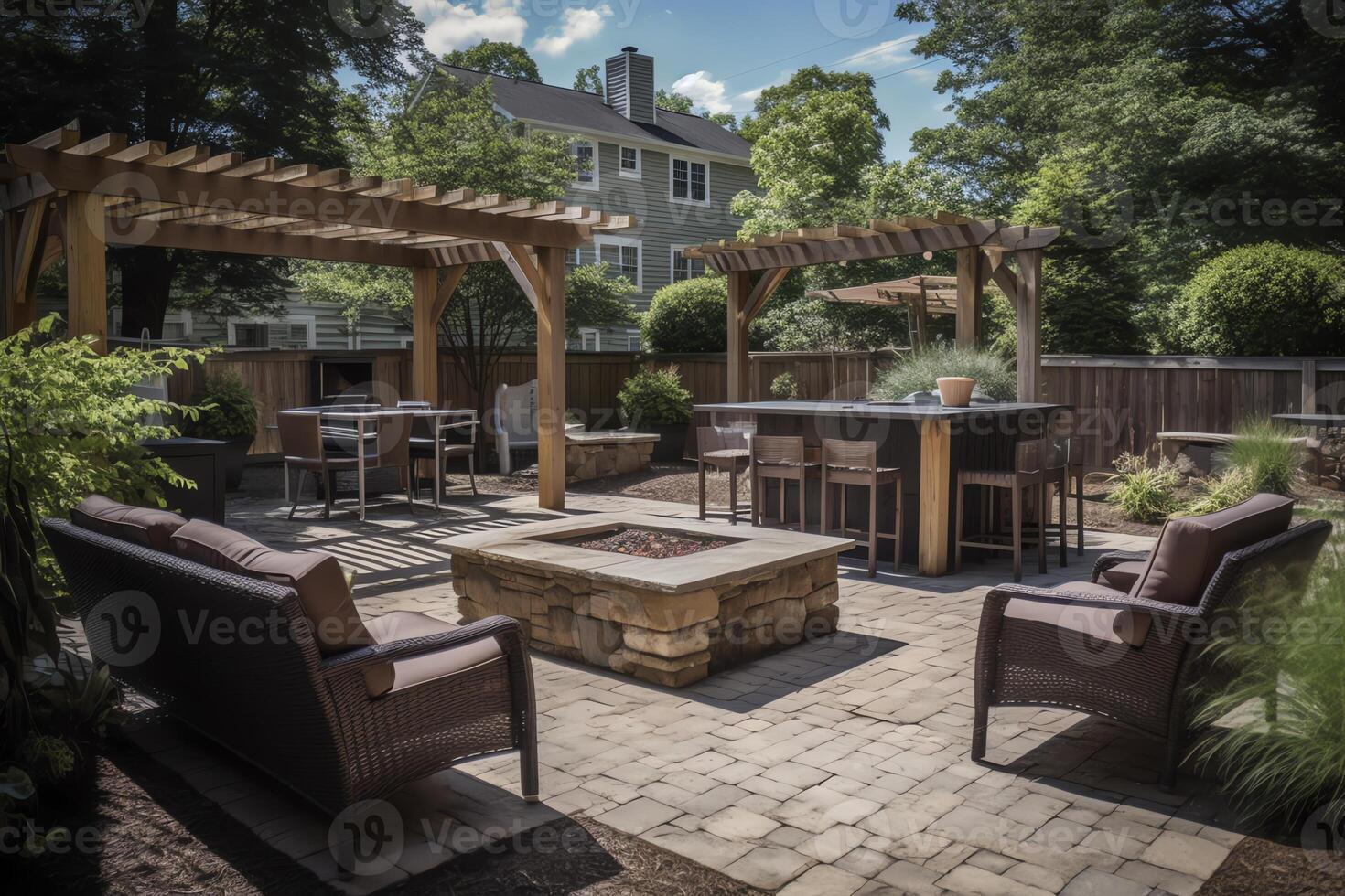 A patio with chairs tables and a fire place in the middle of the yard with a grill and grill in the back ground. photo