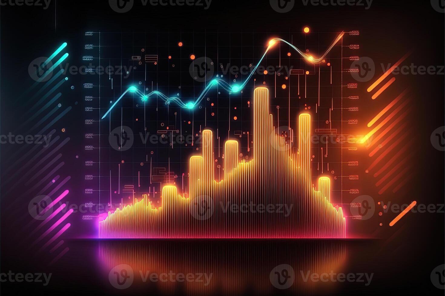 Business economic charts with light effects, neon. Abstract neon background, growth and fall analytics. Stock market trading investment candlestick graph. Finance and economy concept. photo