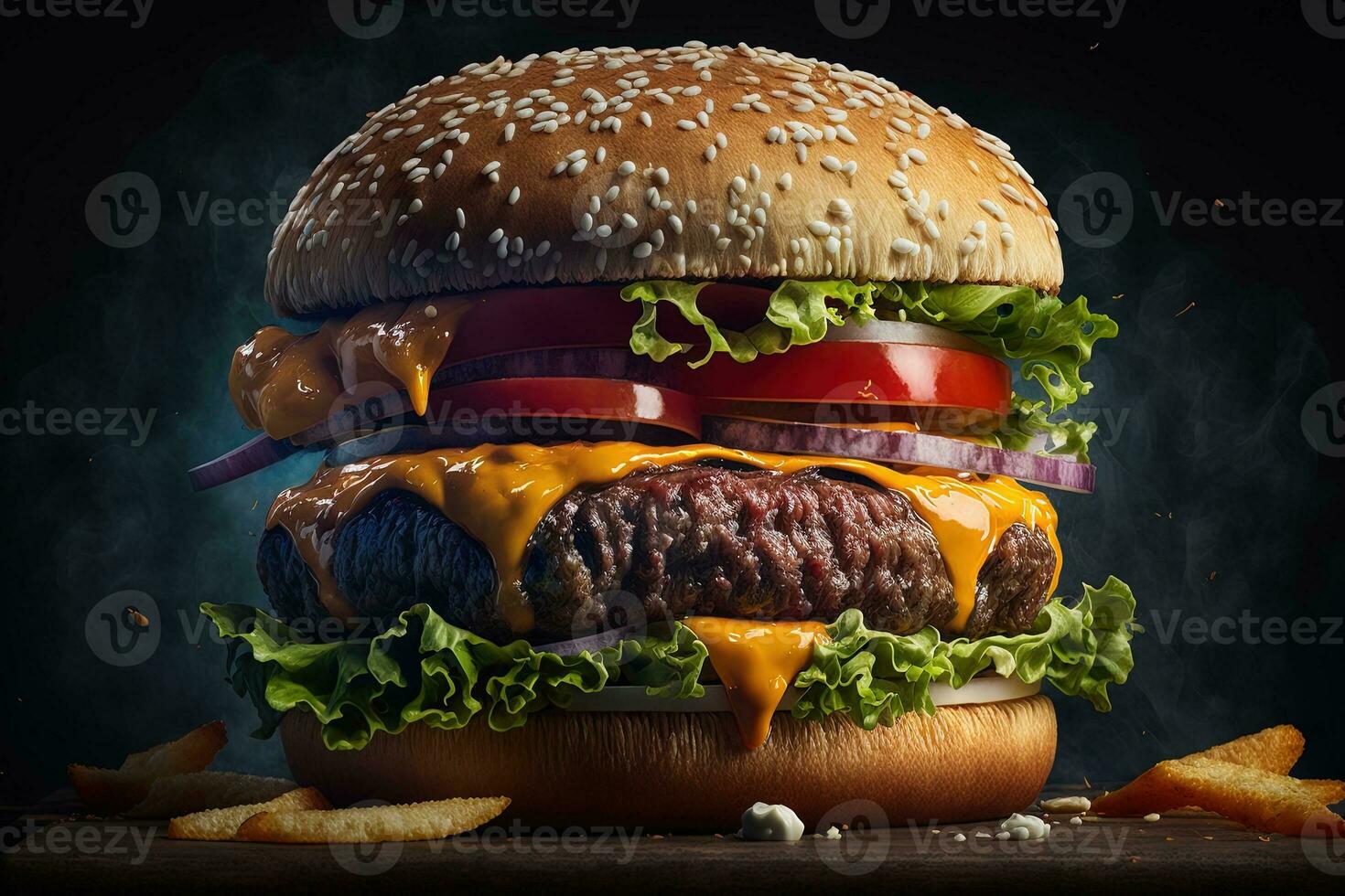 Close-up of a juicy burger with fries, it look very delicious. Big sandwich - hamburger with juicy beef burger, cheese, tomato, and red onion. photo