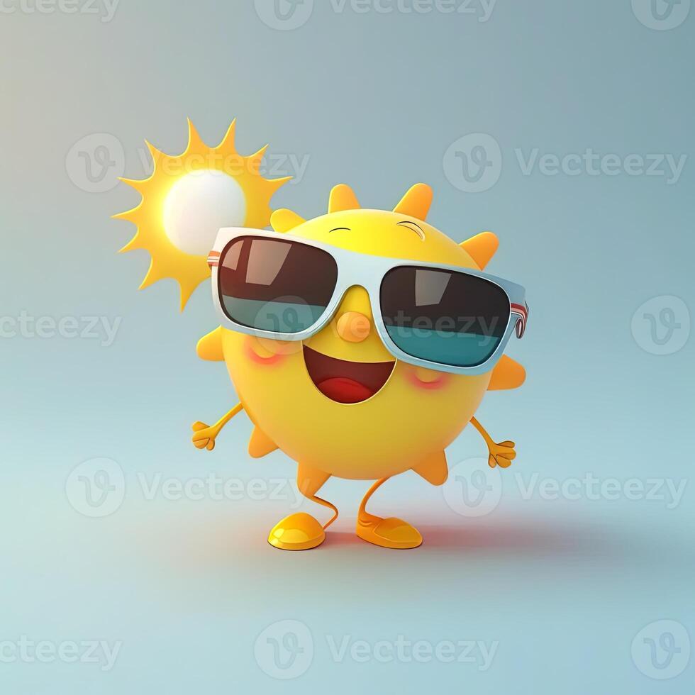 collection of happy, smiling, joyful cartoon style sun characters for summer, vacation design. Cartoon sun character wearing sunglasses. photo