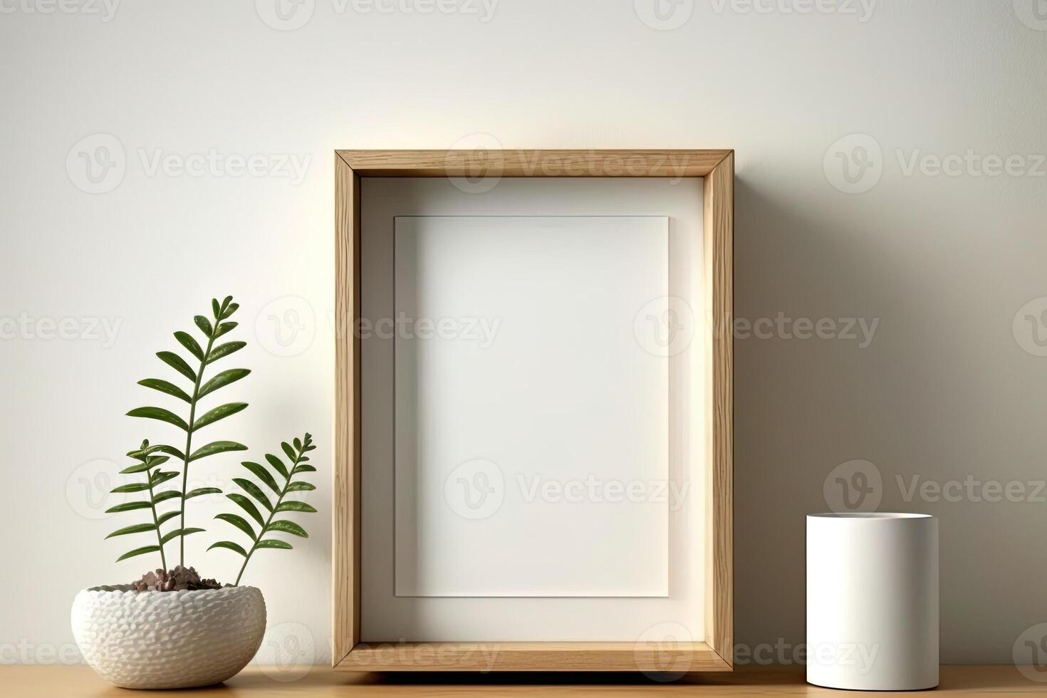 Blank picture frame mockup on wall in modern interior. Artwork template mock up in interior design. Wooden Picture Frame Mockup on White Wall Minimalist - photo