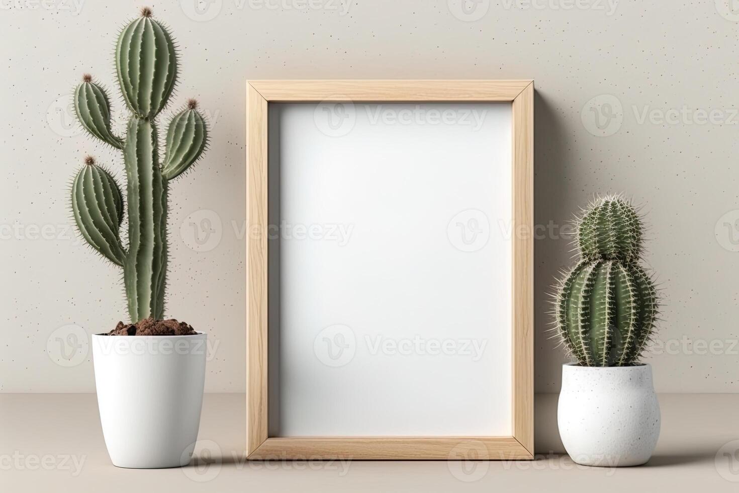 Blank picture frame mockup on wall in modern interior. Artwork template mock up in interior design. Wooden Picture Frame Mockup on White Wall Minimalist - photo