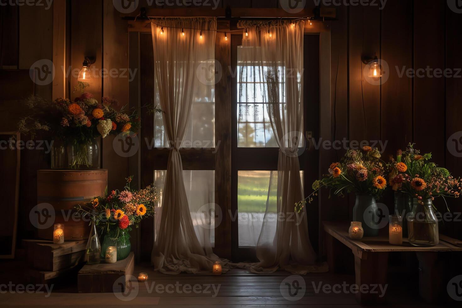 A barn door with two vases of flowers and candles in front of it and a curtain in the background with lights on the side of the door and a window with a curtain behind. photo