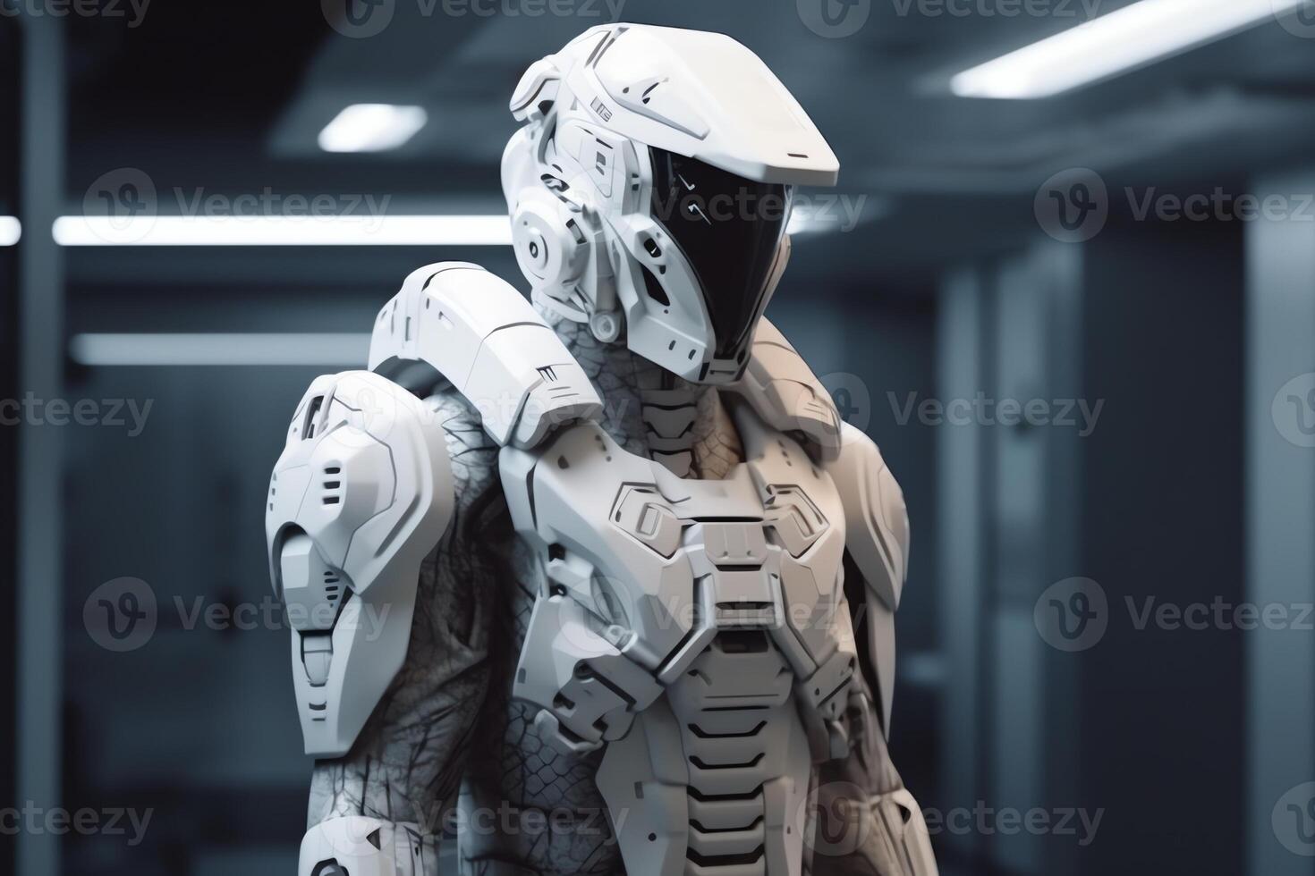 Soldier in futuristic space armor science fiction white armor inside the spaceship 3d render. photo