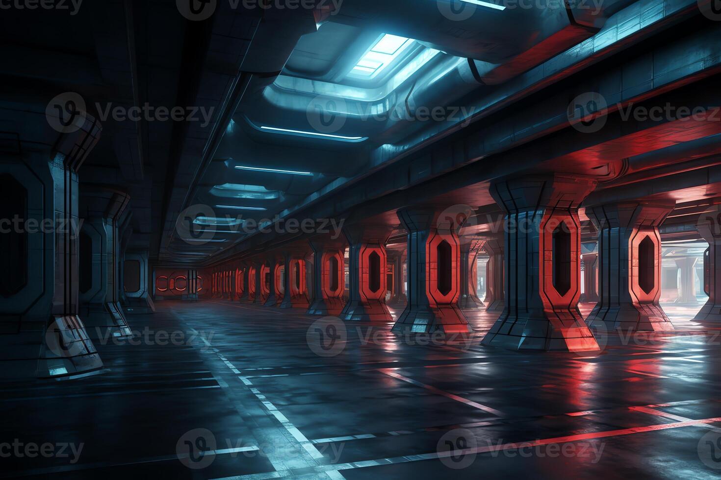 Alien sci fi futuristic columns spaceship blue red lights hangar big concrete cement asphalt basement hallway studio showroom bunker garage 3d rendering. photo