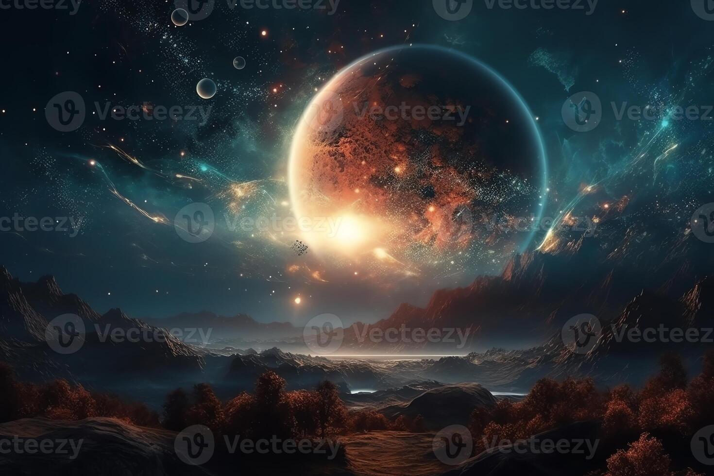Cosmic landscape with multiple planets and stars. 23343415 Stock Photo at Vecteezy