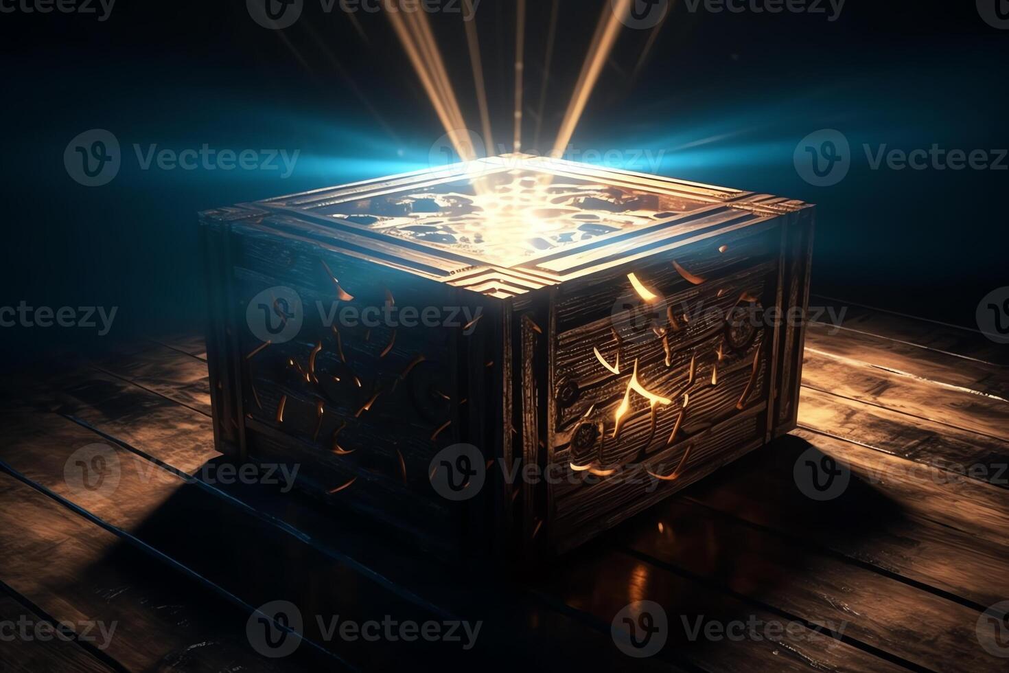 Mysterious magical box opening with rays of light high contrast image 3d rendering illustration. photo