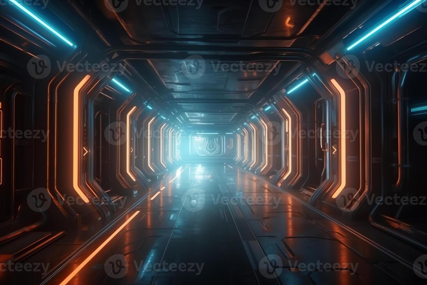 Science fiction interior scene scifi corridor render scene with neon lights and smoke technology. photo
