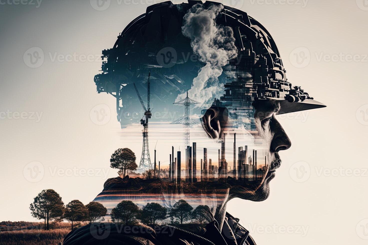 Conceptual graphic design of an energy sector and future manufacturing. With double exposure artwork, an oil, gas, and petrochemical refinery facility demonstrates the future of power. photo