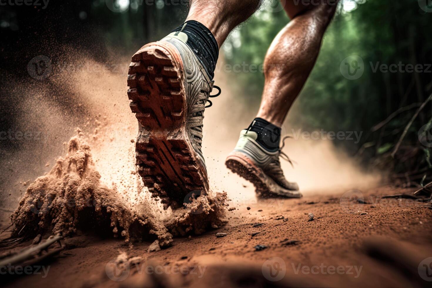 de cerca a el corredor pies es corriendo en el suciedad ruta a el selva, calle y la carretera. sendero corriendo deporte acción y humano desafío concepto. generativo ai foto