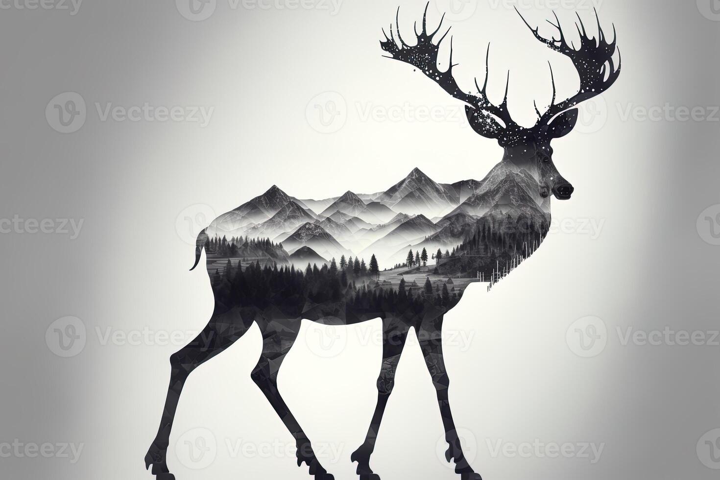 Double exposure of a deer and jungle on white background. Camping concept. Vintage Grizzly for t-shirt design, sticker, poster, and wallpaper. Adventure deer illustration photo