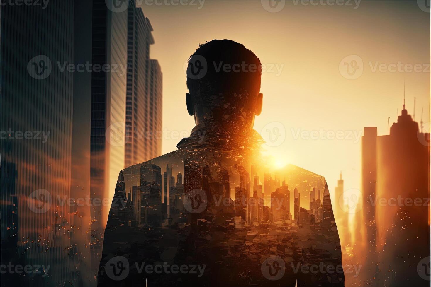 The double exposure image of the business man standing back overlay with cityscape image. The concept of modern life, business, city life and internet of things. photo
