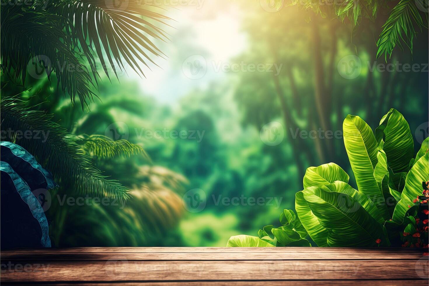 Tropical background with a wooden table on the forefront and lush vegetation with lots of copy space, perfect for editing with your product. Empty ready for your product display. photo