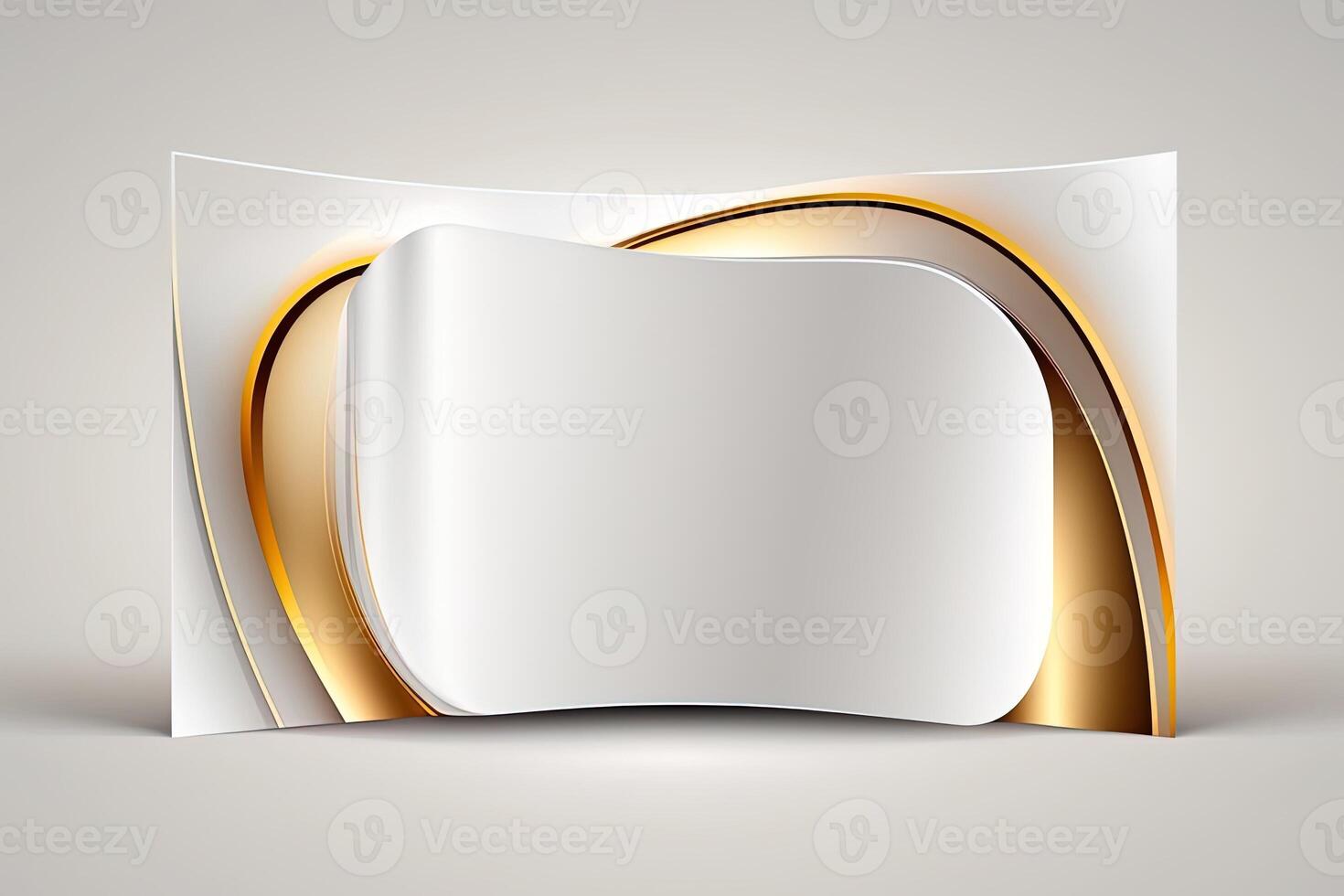 a white card for mockup, horizontal rectangular with rounded corner shapes, front view, stunning light, studio light, reflexion of hundred fine lines of gold reflection, white background photo