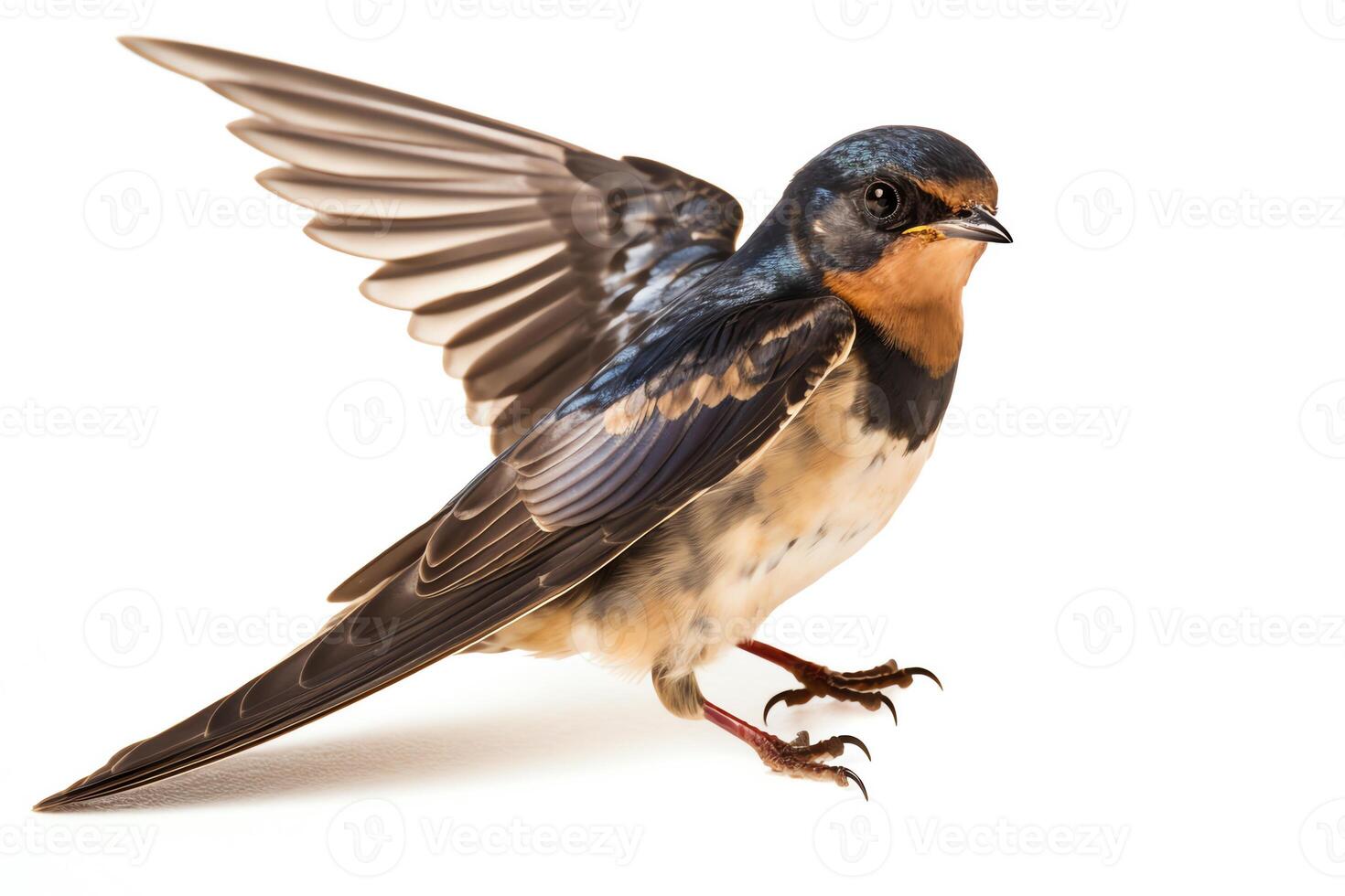 Barn swallow flying wings spread bird hirundo rustica flying against white background. photo