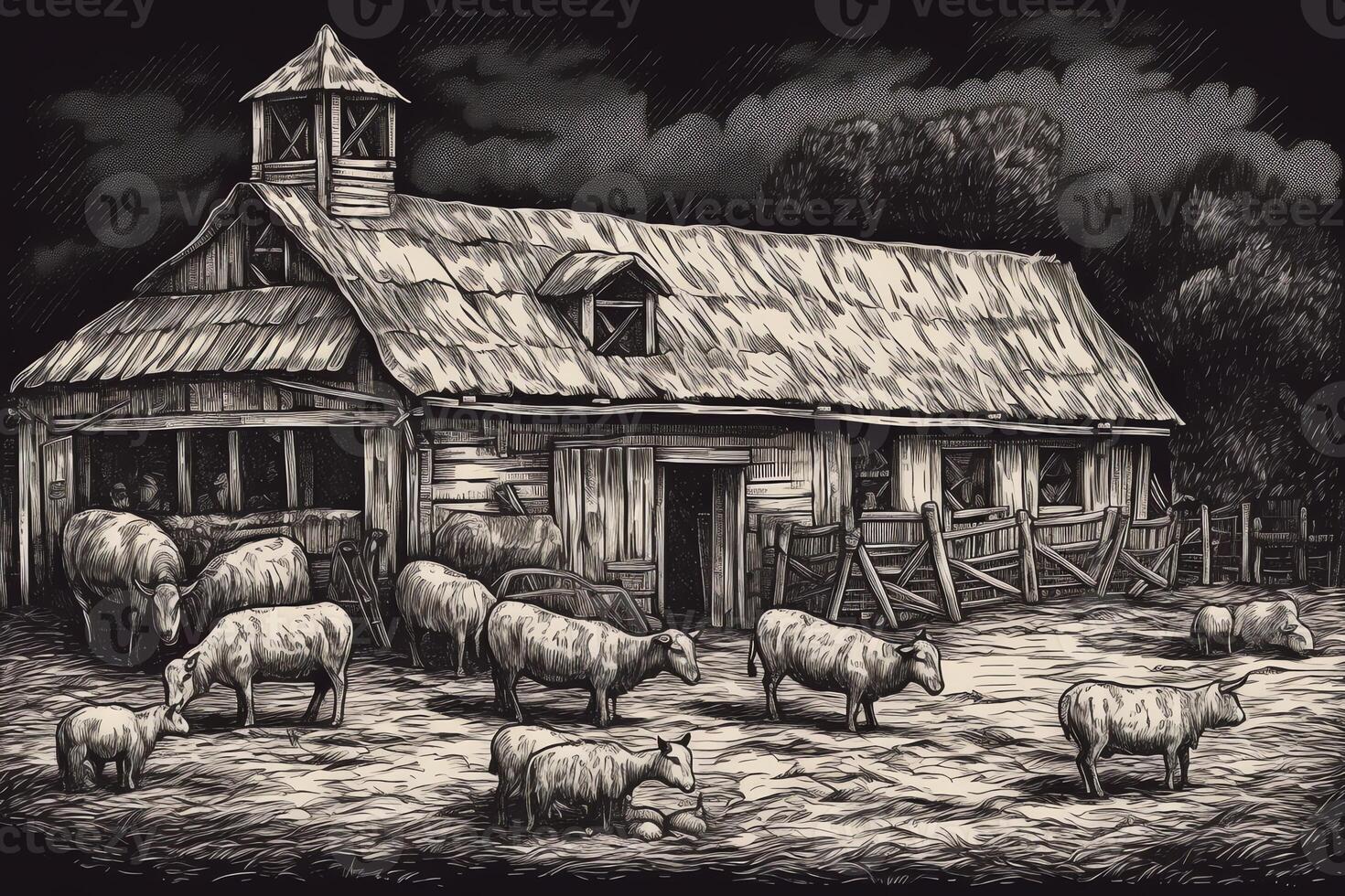 Sheepfold barn farm animals engraving raster illustration sketch scratch board imitation. photo